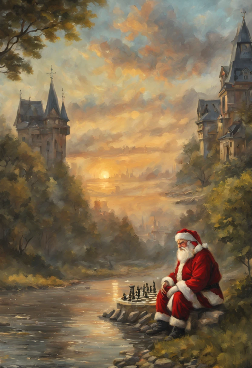 (santa claus:1.1,chess:1.1,river bank,summer evening),oil painting,classic style,dreamy colors,soft lighting, best quality,4k,8k,highres,masterpiece:1.2,ultra-detailed,realistic,photorealistic:1.37, HDR, UHD, studio lighting, ultra-fine painting, sharp focus, physically-based rendering, extreme detail description, professional, vivid colors, bokeh, portraits, landscape, horror, anime, sci-fi, photography, concept artists