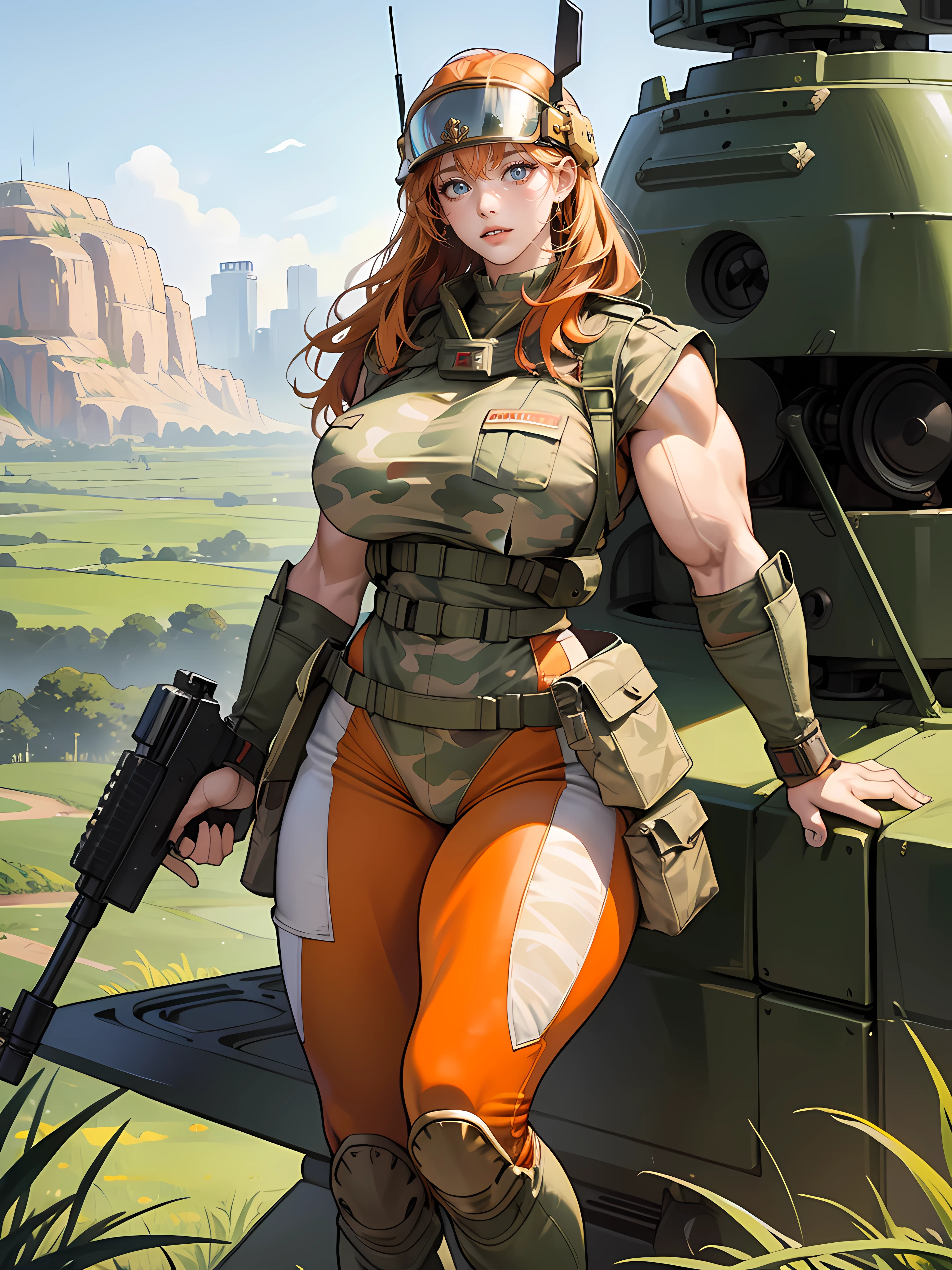 1woman 20 years old, sculpted, military, wearing a soldier helmet, beautiful, perfect body, realistic, red hair, perfect body, thin waist, full outfit, wide hips, large breasts, slim thighs, jungle background, armored vehicle, flying fighters, military robot dog, camouflaged uniform, wealth of details, tight panties marking on the front, head to toe, highly detailed, high resolution, prefect hands,