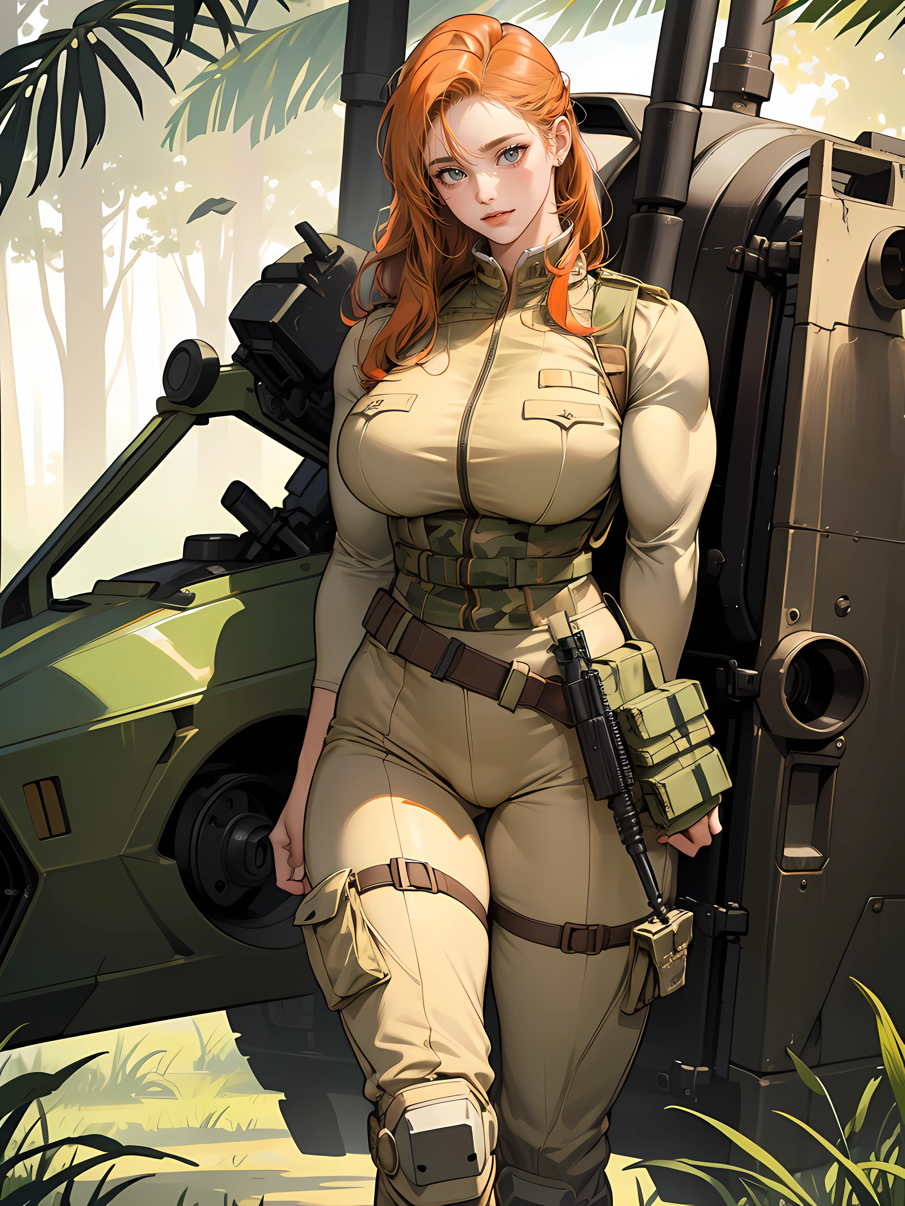 (young woman:1.4), (she wears a sexy leotard in green camouflage colors:1.4), (full body shot, view from behind:1.5), angry, (lies on the floor and takes aim with a sniper rifle:1.3), long red curly hair, (jungle background:1.3), detailed skin texture, 24k resolution, highly detailed, (blue eyes:0.9), (natural front light:0.5)