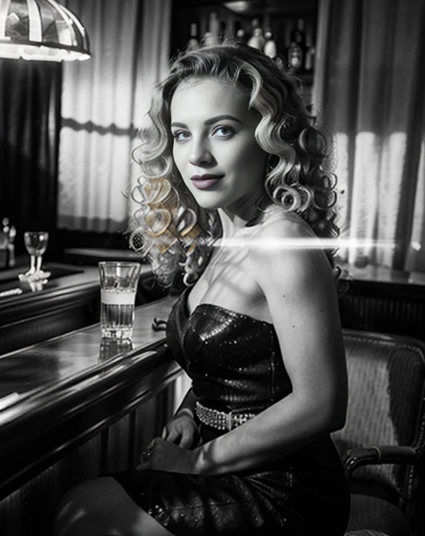 (NoirStyle retro), cinematic, high contrast, spot light, dark shot, front shot, ((half body)), (1 girl), solo, black and white photo of a 25 y.o european blonde woman wearing elegant luxury sparkling black dress with ((jewels)),((sitting in a bar)), realistic perfect eyes,looks at viewer, flirting with the viewer, natural skin, skin moles, ((endless long extra long blonde curly hair: 1.32))), film noir style, (black and white filter: 1.2), ((monochrome tones)), heavy shadows, contrast lighting, ((soft light beam on her eyes: 1.32)), best smile, angelic flawless face,point of view variations, dynamic composition, cinematic shot, cinematic lighting,heavy shadows, soft backlight on hair,