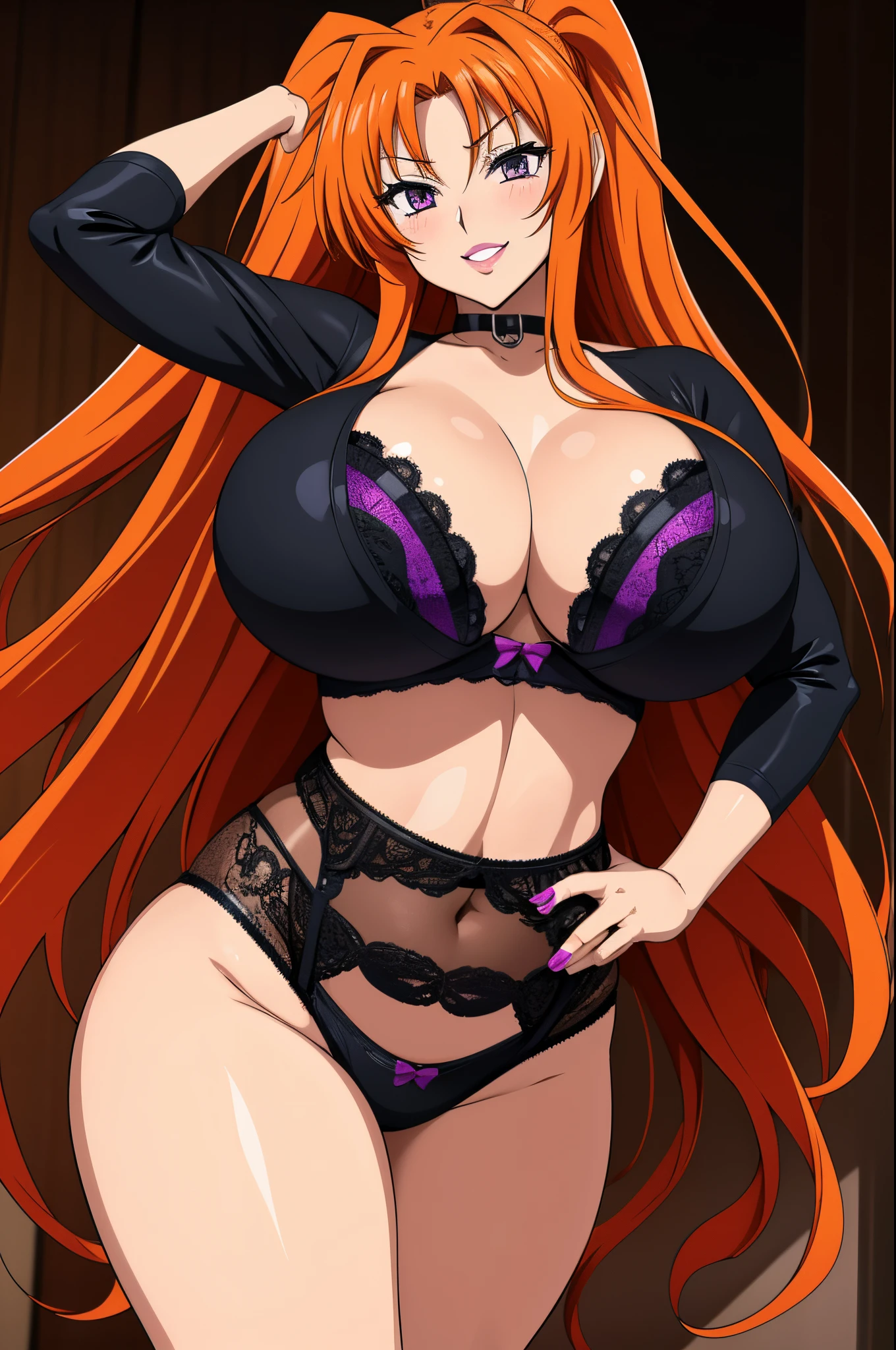 Masterpiece, high resolution, beautiful detailed face, Highschool Dxd art style, Irina Shidou, 1 girl, ((bimbo))), long orange hair, purple eyes, thick lips, painted lips, erotic smile face, blushing, wide hips, thick thighs, thick, huge breast, huge round ass, oily shiny skin, black panties, black bra, tall,