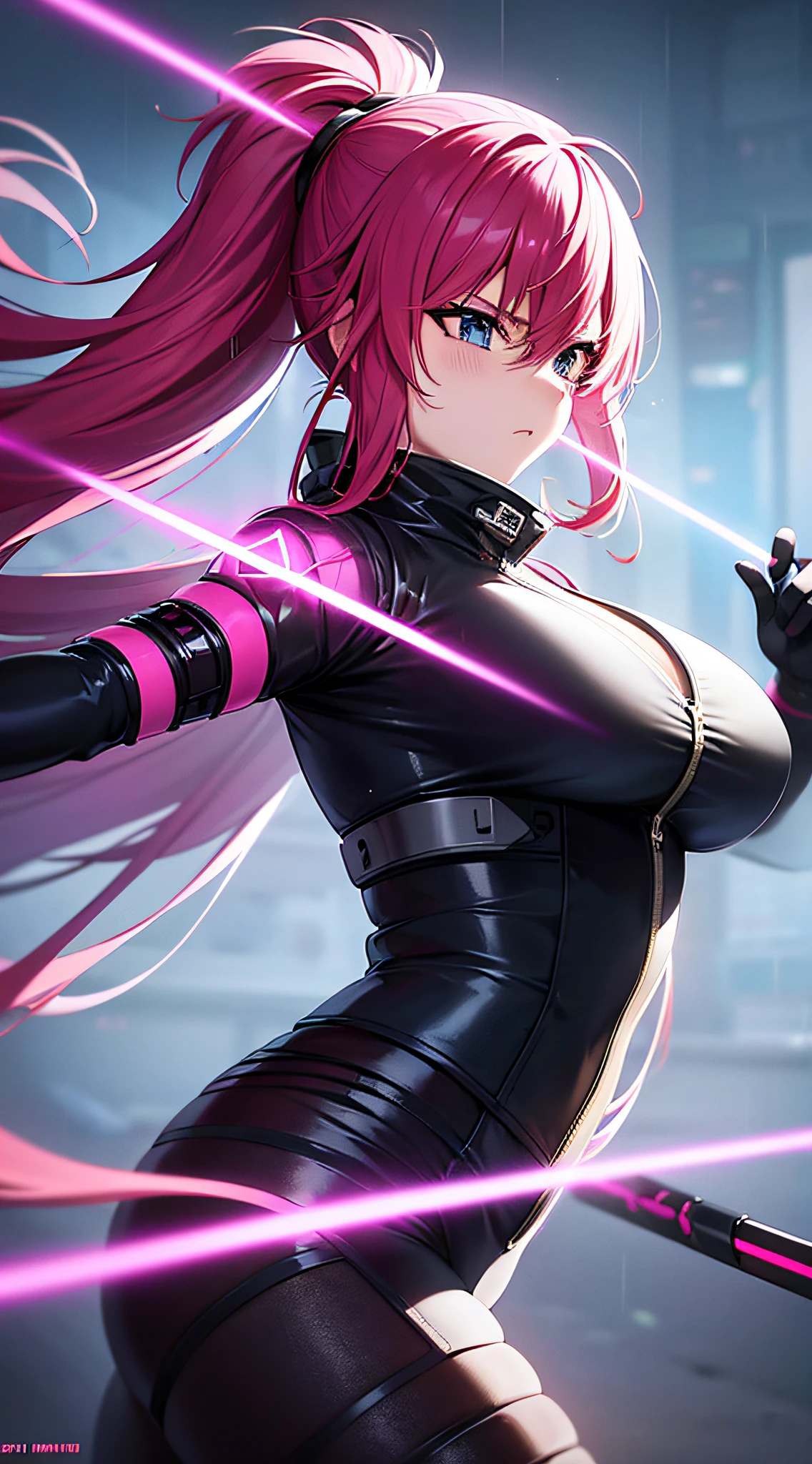 anime girl with pink hair and black bodysuit outfit in the rain, haruka saigusa, long hair, spy, stealth digital cyberpunk anime art, best anime 4k konachan wallpaper, anime cyberpunk art, anime style 4 k, cyberpunk anime girl mech, detailed digital anime art, digital cyberpunk - anime art, modern cyberpunk anime, anime mecha aesthetic, holding a knife, anime style 4 k, best anime 4k konachan wallpaper, badass anime 8 k, anime wallaper, 4k anime wallpaper, ninja, cybersuit, portrait ninja gaiden girl, ninja bodysuit