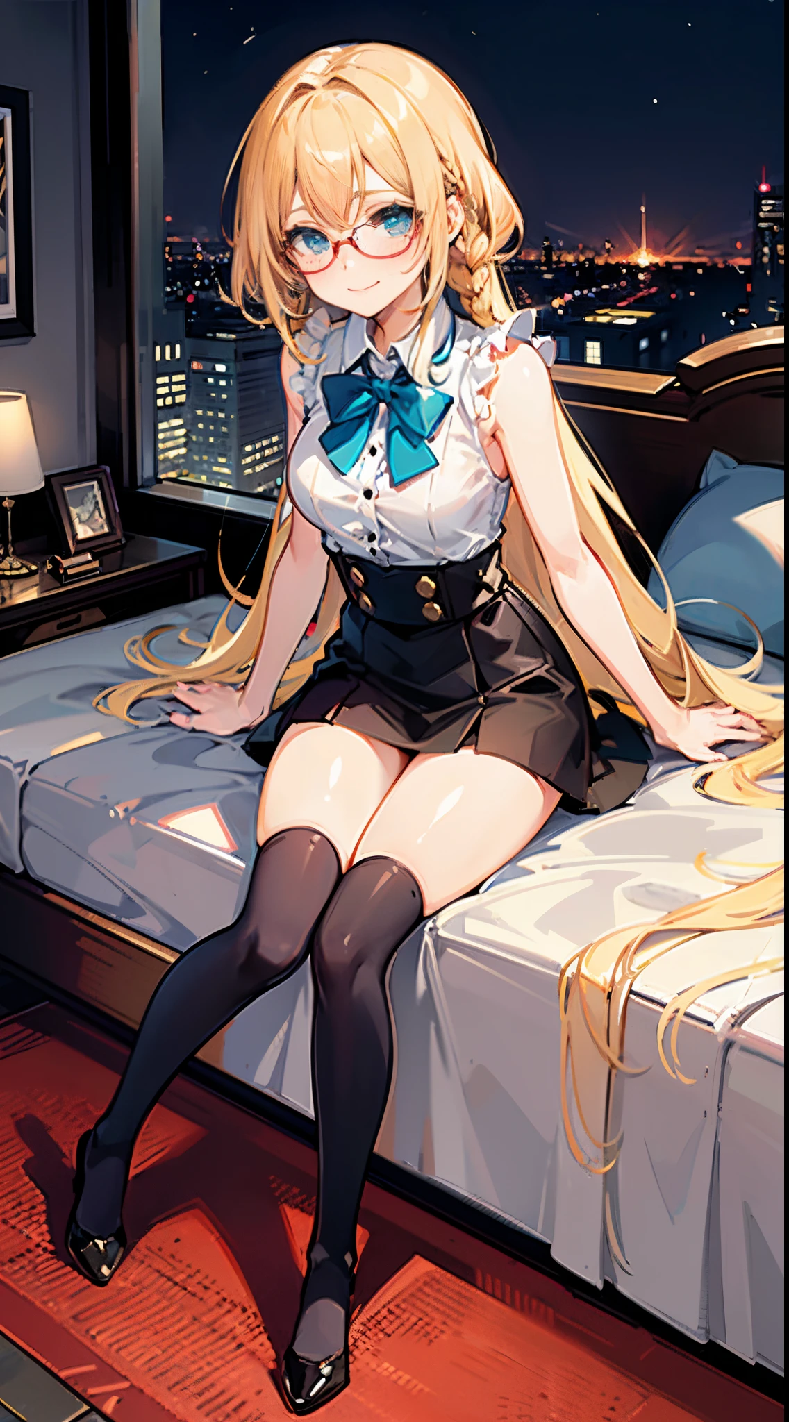 Blonde Girl, , Turquoise eyes, long-haired,Braid left and right, Wear glasses, Wear a white sleeveless shirt.............button up. Black miniskirt, sitting on the bed, Put on stockings..........., Show off your legs...............With a slightly smiling face............