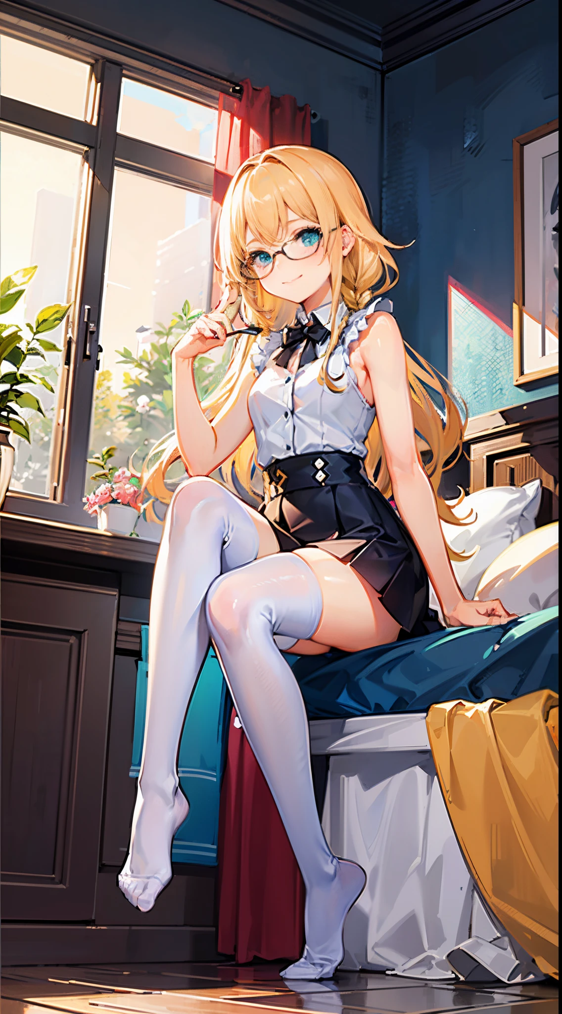 Blonde Girl, 10 years old, Turquoise eyes, long-haired,Braid left and right, Wear glasses, Wear a white sleeveless shirt.............button up. Black miniskirt, sitting on the bed, Put on stockings..........., Show off your legs...............With a slightly smiling face............