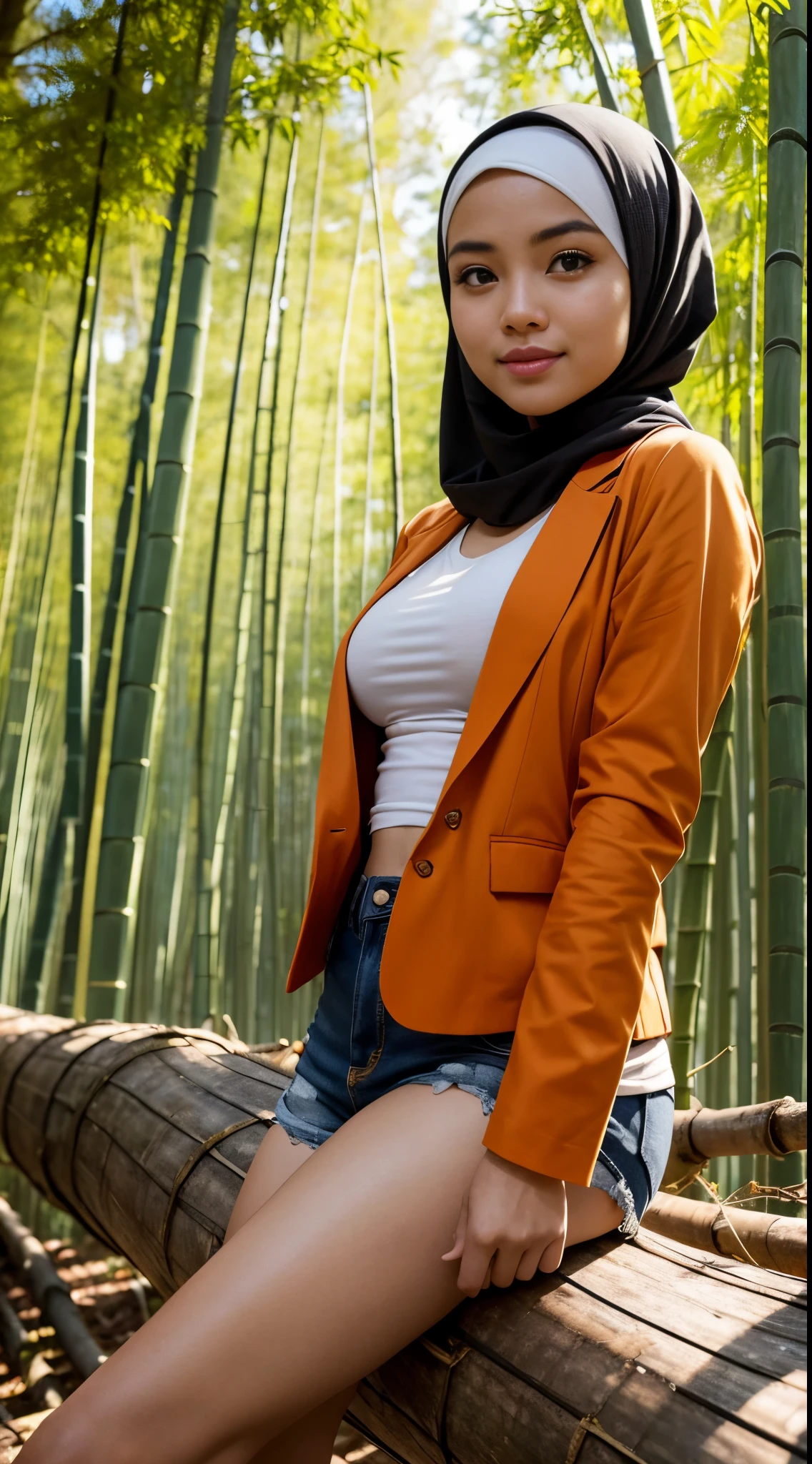 RAW, Best quality, high resolution, masterpiece: 1.3), Beautiful Malay woman in hijab (iu:0.8),looking at viewert,overexposed breast, On a sunny autumn afternoon,Picture 1 is from the highest quality 8K,breasts big, thick thighs, He is wearing an orange blazer and skinny jeans，Sits quietly in the bamboo forest。Sunlight shines through the spots of bamboo leaves，A layer of soft light and shadow covers his body。His skin looks brighter in the sun，Contrasts with the blazer orange。From now on from the view, we can see the girl from all over the body。She is slim and healthy,This sportswear fits her body shape very well, showing her energetic image。Her legs are naturally wide,Cross her hands on her waist,appear confident and strong。 The girl's eyes are bright and full of determination, smiling and looking at the camera, Seems to tell a story of struggle and hard work.。Her smile is like the autumn sunlight shining on the bamboo forest, Makes people feel the vitality of youth and the vitality of life。in this picture， We seem to feel his inner determination and love for life。 Surrounded by dense bamboo forests, Abundant greenery, gurgling river, Create a dynamic scene。 This scene is like a passionate poem, Telling about the beautiful time in the autumn afternoon。
