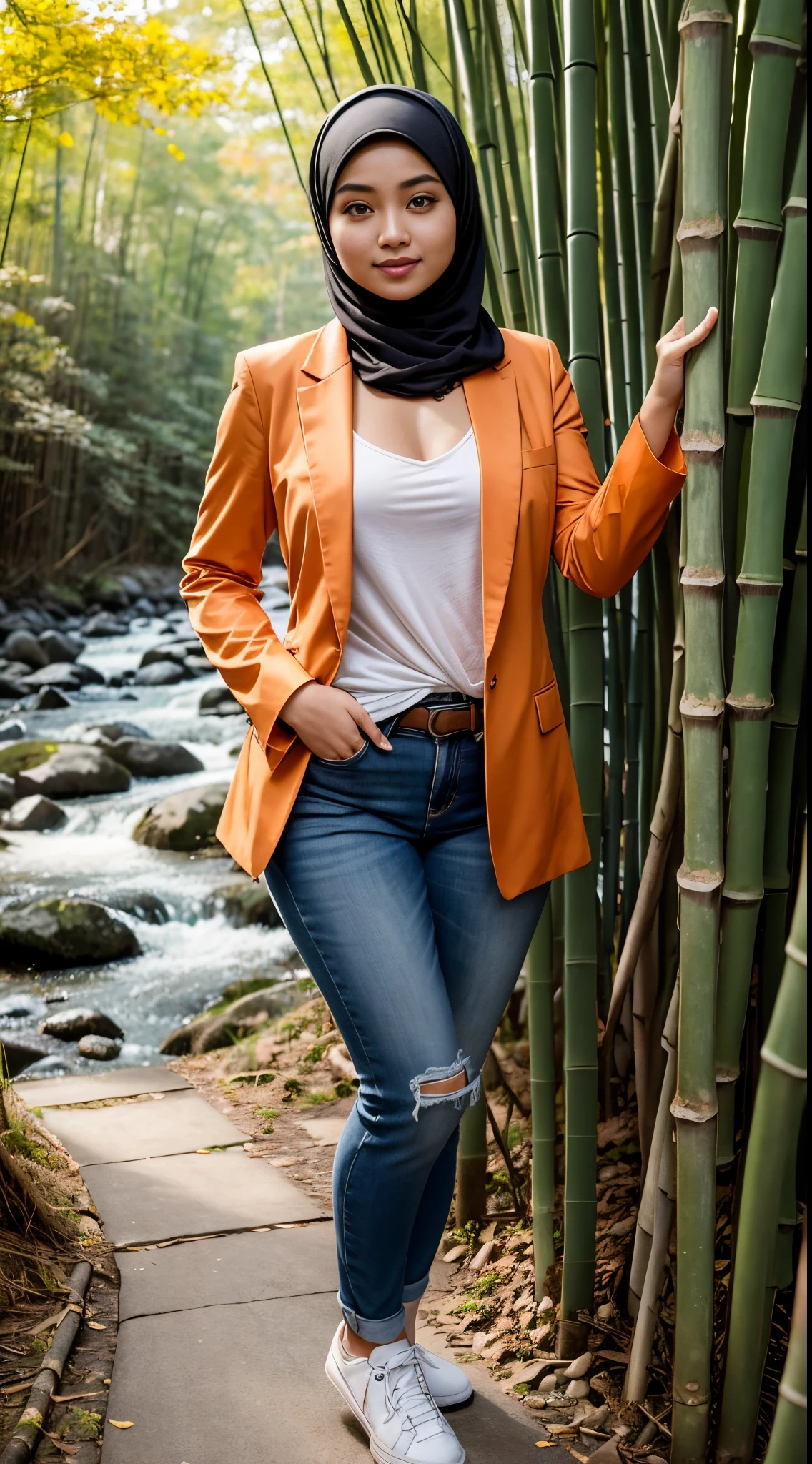 RAW, Best quality, high resolution, masterpiece: 1.3), Beautiful Malay woman in hijab (iu:0.8),looking at viewert,overexposed breast, On a sunny autumn afternoon,Picture 1 is from the highest quality 8K,breasts big, thick thighs, He is wearing an orange blazer and skinny jeans,Sits quietly in the bamboo forest。Sunlight shines through the spots of bamboo leaves,A layer of soft light and shadow covers his body。His skin looks brighter in the sun,Contrasts with the blazer orange。From now on from the view, we can see the girl from all over the body。She is slim and healthy,This sportswear fits her body shape very well, showing her energetic image。Her legs are naturally wide,Cross her hands on her waist,appear confident and strong。 The girl's eyes are bright and full of determination, smiling and looking at the camera, Seems to tell a story of struggle and hard work.。Her smile is like the autumn sunlight shining on the bamboo forest, Makes people feel the vitality of youth and the vitality of life。in this picture, We seem to feel his inner determination and love for life。 Surrounded by dense bamboo forests, Abundant greenery, gurgling river, Create a dynamic scene。 This scene is like a passionate poem, Telling about the beautiful time in the autumn afternoon。