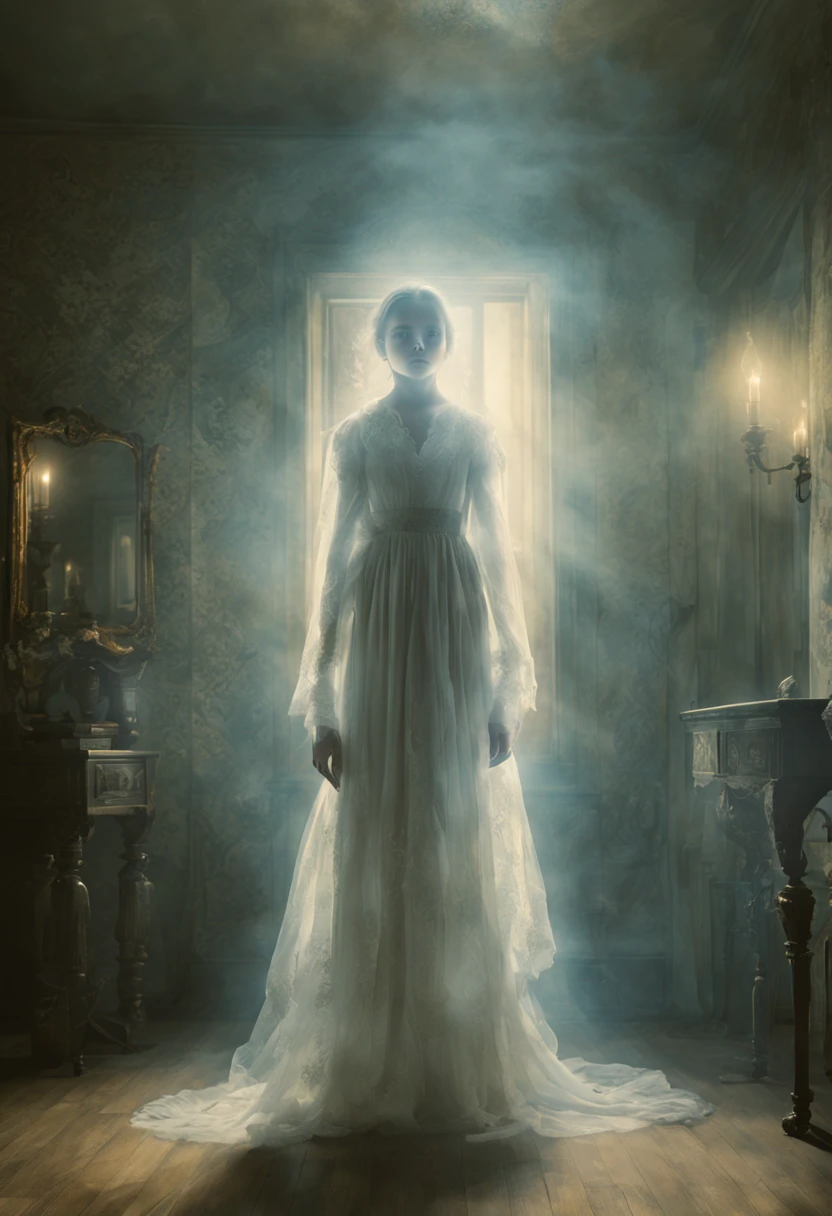 A girl staring in awe at the glowing, ethereal figure of Casper's ghost, which is hovering in the center of a dark, mysterious room. The ghost is illuminated by a soft, otherworldly light and emanates a sense of both playfulness and wonder. The room itself is adorned with antique furniture and ornate decorations, adding to the overall eerie atmosphere. The walls are lined with faded, peeling wallpaper, giving a sense of history and age. The girl is dressed in a flowing, white gown and her eyes are filled with curiosity and a hint of fear. She stands near a cracked mirror, reflecting the ghostly figure, and delicate dust particles float in the air, creating an almost magical ambiance. The scene is rendered in high resolution, capturing every intricate detail and texture, from the delicate lace on the girl's dress to the subtle variations in the ghost's ethereal form. The overall color palette is muted, with deep blues and purples dominating the room, creating a sense of mystery and intrigue. The lighting is dim, with soft, diffused light casting long, haunting shadows across the room. The prompt aims to evoke a sense of fantasy and wonder, capturing the essence of Casper's ghost in a dark, enchanting setting.