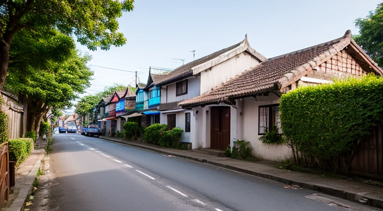 village street with houses inspired by filipino architecture, cobblestone road, with trees, pink and blue neon lights