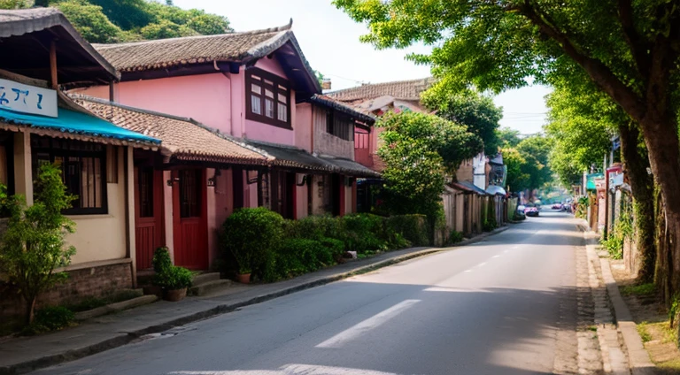 village street with houses inspired by filipino architecture, cobblestone road, with trees, pink and blue neon lights