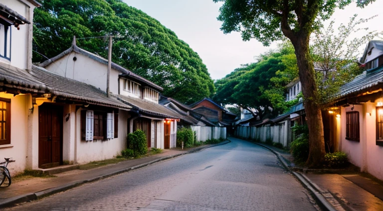 village street with houses inspired by filipino architecture, cobblestone road, with trees, pink and blue neon lights