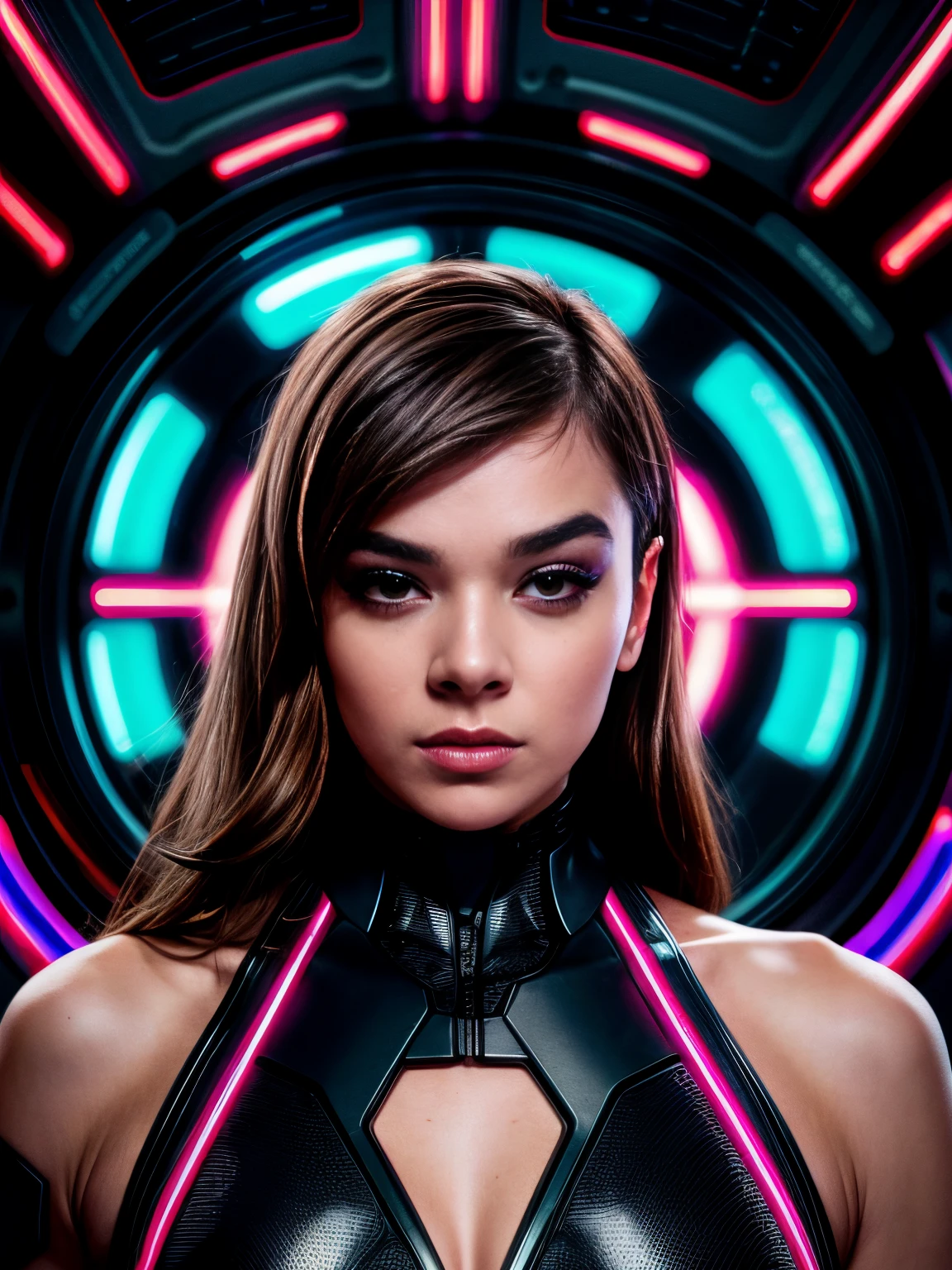 Create a futuristic sci-fi portrait featuring the woman in sleek, high-tech attire, posing against a backdrop of advanced technology and neon lights, symbolizing innovation and progress, (big brown eyes:1.2)