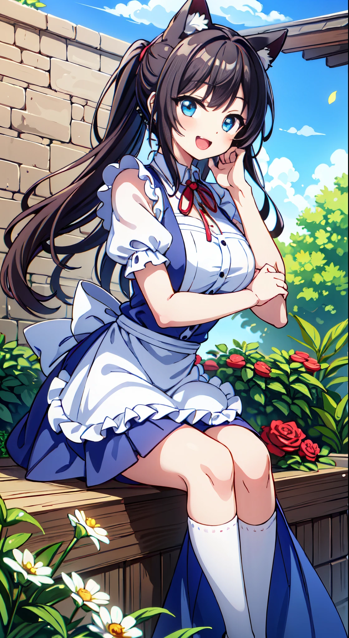 Japan Anime Styles 2019,Masterpieces,Best Quality,Ultimate detailed illustration,Red tone illustration,
BREAK,1 beautiful girl, (17 years old girl), Very detailed, colourfull, highest details, BREAK, (Huge breasts: 1. 2,), Clear skin, Beautiful skin, Shy skin, 1 beautiful girl, Brown hair, (Cat ears, Ponytail, medium-Long hair: 1. 2), (Light blue eyes, long eyelashes, Double eyelids: 1. 2),Solo,gleaming skin, Clear skin, Beautiful skin(best quality face),(Top quality glowing eyes),(The best smile,:D:1.45),
BREAK , (alice margatroyd theme:1.25), (armor, Blue Dress, frilld,Puffy Short Sleeves, Puffy sleeves:1.3),
BREAK (Neck ribbon,Star Piercing:1.5), BREAK (White legwear:1.2), arma,Shoulder Armor,
BREAK (Apron,Waist apron, White Apron:1.4), BREAK (Red Ribbon, Red Rose:1.3), BREAK (Black leather shoes:1.1), BREAK (Red flower ornament:1.2),
BREAK,inside in room, alarm clock,Analog Clock, Art Nouveau,birdcage, bouquet, panier, camera, clock, clock tower, compass, daisy, flower, gear wheel, tussock, green flower, ground vehicle, shairband, Hand up, keys,Magic Circle, mini hackero, motor car,, orange flower, flower petals, pink flowers, Pink Rose, plant, pocket watch, purple flower, radio, Red flower, Red Neckwear, street signs, roman numeral, Rose, Round window, Short hair, Short sleeves, Sitting, Solo, speaker, Sonic Cable, Wave Brain, stopwatch, tanks, thorns, tower, Train, vines, Wall clock, Watch, Wheel, white blossoms, yellow flower, Yellow roses,Waterfall,depth of fields,
BREAK,wakame,wakame,wakame,(Dynamic Angle:1.4), BREAK,(Blurry background:1.3),(absurderes, hight resolution, Super Detail Art),cel shading,Clear Color, Lonely optical effect, Beautiful pictures, Bright glow, mystic atmosphere,(Close-up of girl)