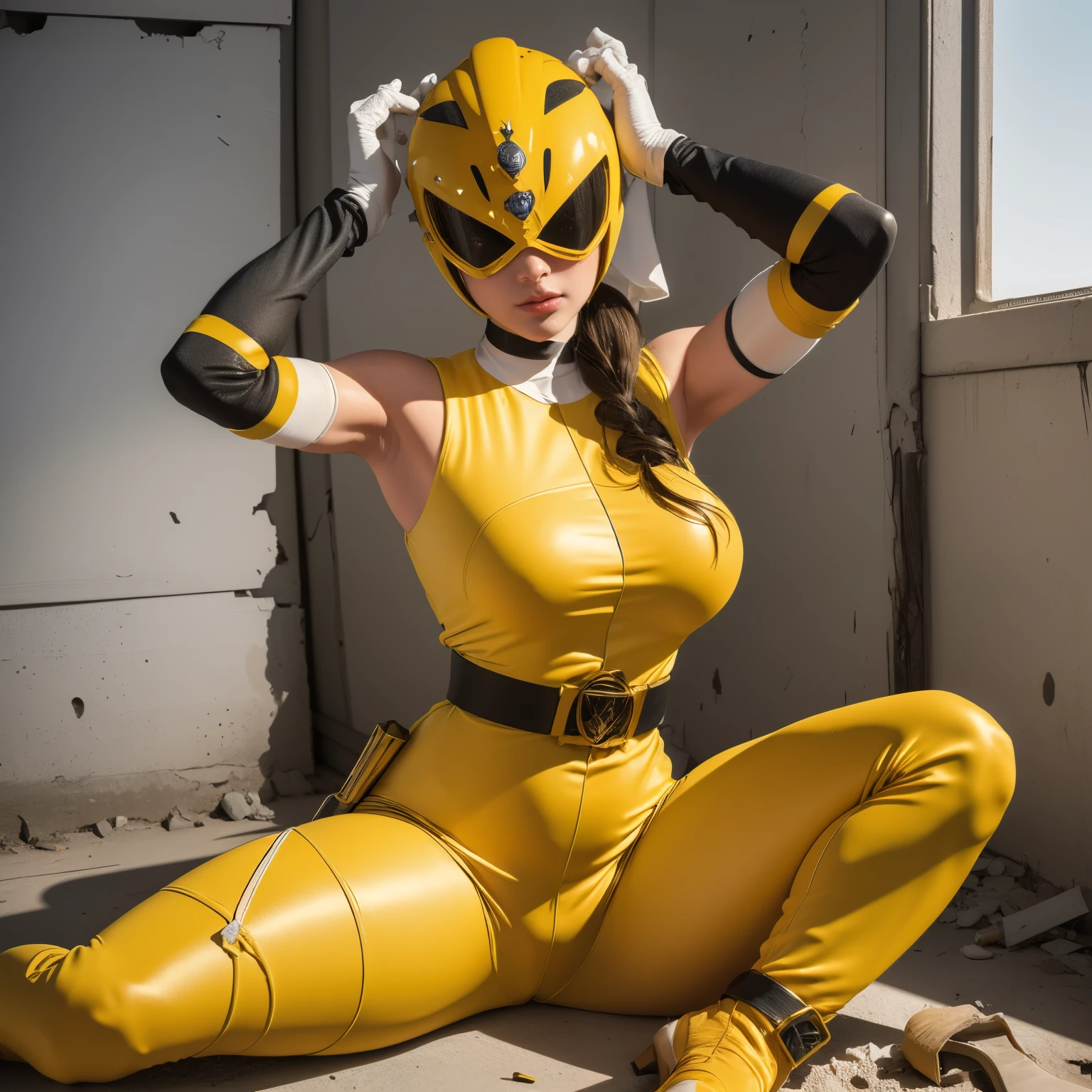 (masterpiece:1.1, Best Quality:1.1, 16 K, High resolution), 1womanl, (Ultra-realistic portrait of yellow power ranger), Ultra-detailed, Illustration, (Sleeveless:1.5 put her hands up:1.35, Show me her shaved armpits:1.5, gloves, full face cover helmet:1.35, yellow helmets, Yellow boots, Torn leggings:1.15, White Gloves), (Sitting, In a room in an abandoned warehouse, underground, Dark atmosphere:1.2), ((huge-breasted:1.4 huge tits:1.4, Colossal tits:1.4, Perfect slim body style:1.2)), hyper detailed face, ultra detailed skin texture,