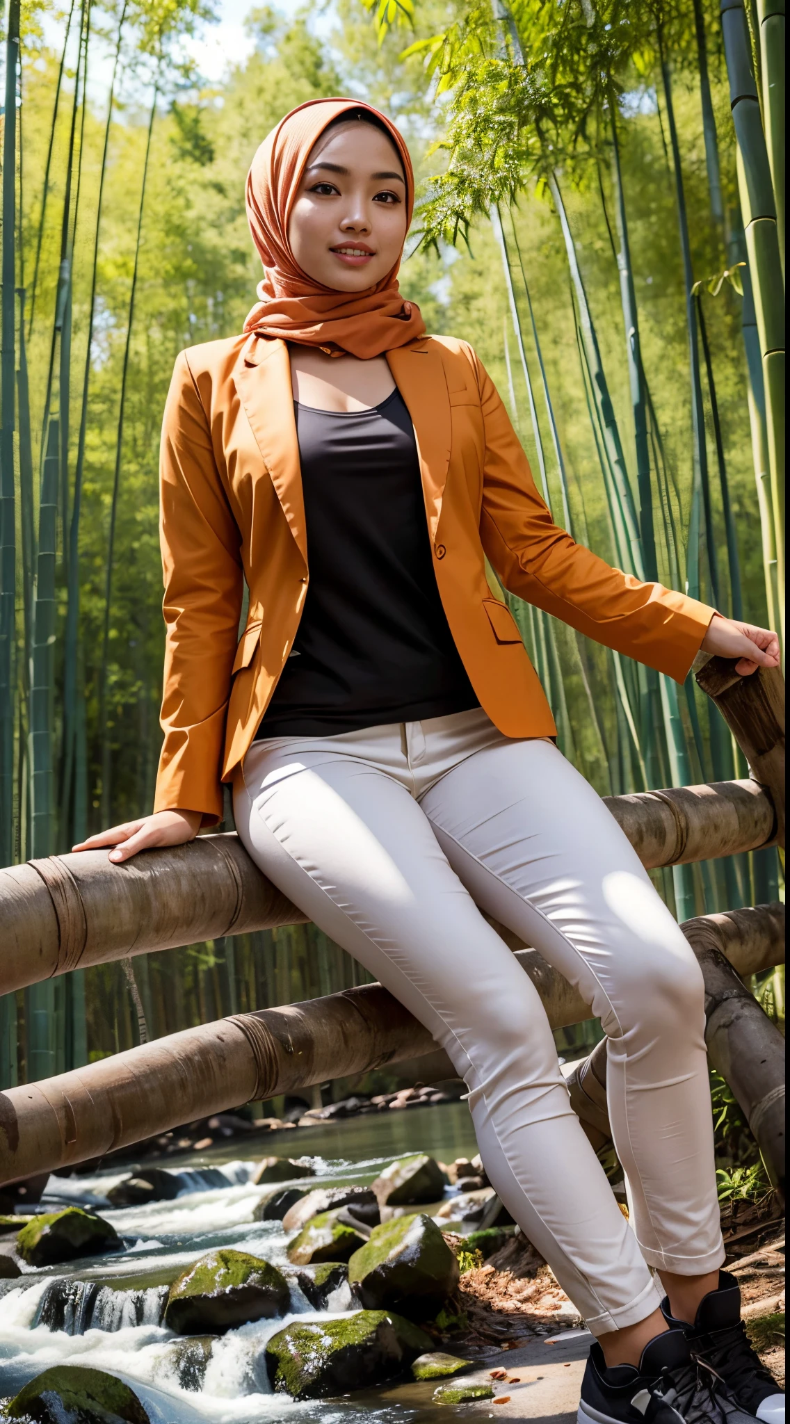 RAW, Best quality, high resolution, masterpiece: 1.3), Beautiful Malay woman in hijab (iu:0.8),looking at viewert,overexposed breast, On a sunny autumn afternoon,Picture 1 is from the highest quality 8K,breasts big, thick thighs, He is wearing an orange blazer and skinny jeans，Sits quietly in the bamboo forest。Sunlight shines through the spots of bamboo leaves，A layer of soft light and shadow covers his body。His skin looks brighter in the sun，Contrasts with the blazer orange。From now on from the view, we can see the girl from all over the body。She is slim and healthy,This sportswear fits her body shape very well, showing her energetic image。Her legs are naturally wide,Cross her hands on her waist,appear confident and strong。 The girl's eyes are bright and full of determination, smiling and looking at the camera, Seems to tell a story of struggle and hard work.。Her smile is like the autumn sunlight shining on the bamboo forest, Makes people feel the vitality of youth and the vitality of life。in this picture， We seem to feel his inner determination and love for life。 Surrounded by dense bamboo forests, Abundant greenery, gurgling river, Create a dynamic scene。 This scene is like a passionate poem, Telling about the beautiful time in the autumn afternoon。