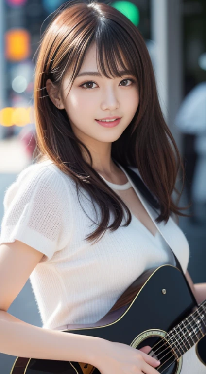 finely detail, hight resolution, hightquality、Perfect dynamic composition, Beautiful detailed eyes, Medium Hair, small tits、Natural Color Lip,Kamimei、Shibuya、20 years girl、1 persons、Transparent skin、Glowing hair、A smile、masutepiece, Best Quality, Illustration, Ultra-detailed, finely detail, hight resolution, 8K、The correct state of the human body、crouching down、Gravure Model Pose,Hair soaring in the wind、(holding an electric guitar)、(white shirt)
