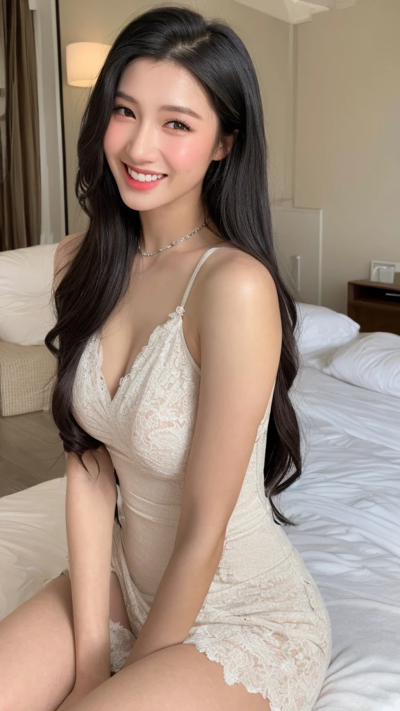 (realistic, high resolution:1.3), 1 girl with perfect figure,18 years old girl, smile, upper body:1.3, half body, super cute face, gorgeous beautiful girl, light on face, pale white skin,looking at viewers, super fine face and eyes, long hair, White lace dress:1.3, in bedroom, sit on the bed, massive breasts, exposed cleavage