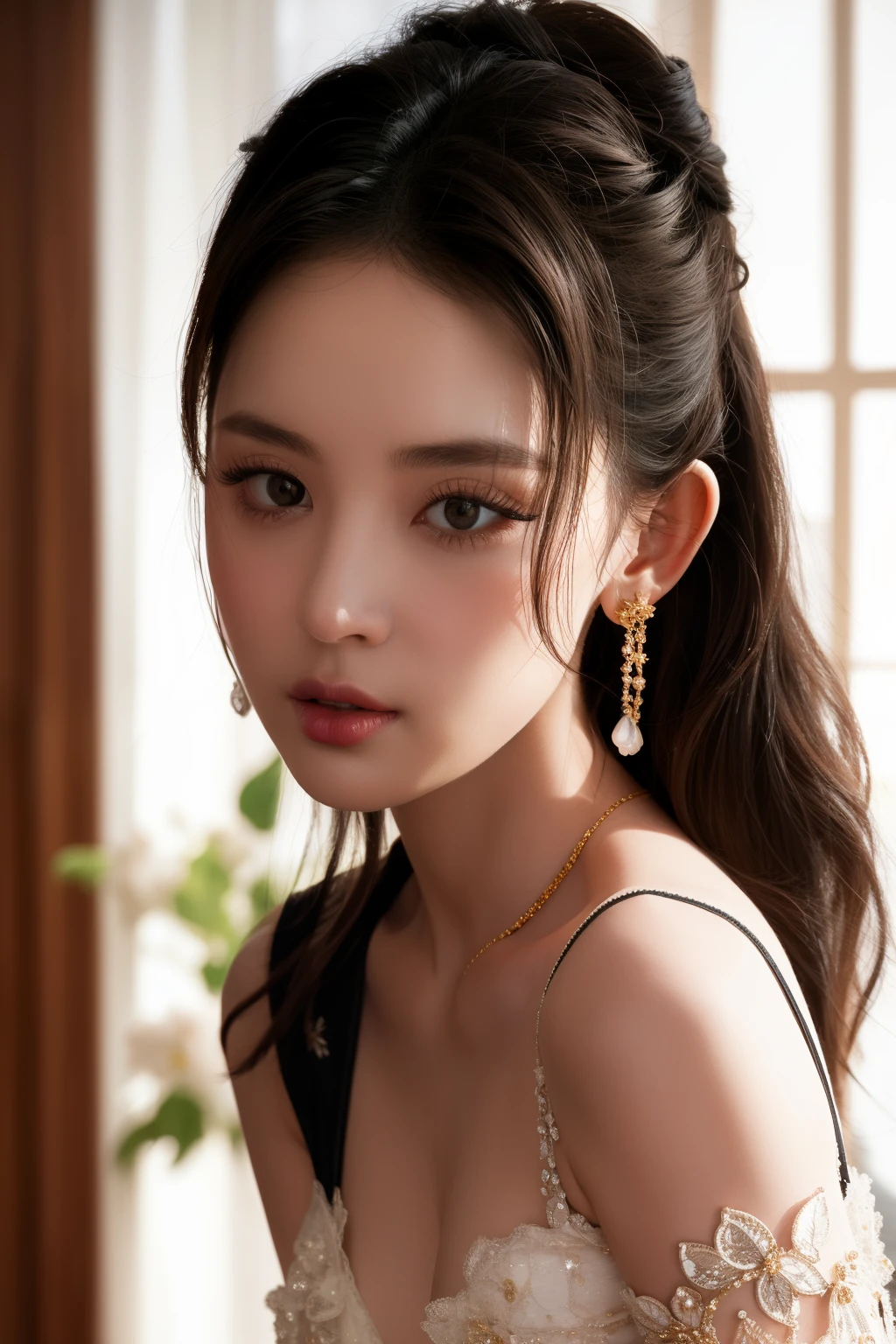 white dress,looking at viewer,  floral print,  depth of field, night cityscape, (1girl:1.6),   long hair, ulzzang-6500v1.1, (original: 1.2), (realistic: 1.3) , beautiful girl with beautiful details, extremely detailed eyes and face, eyes with beautiful details, absurd, incredibly absurd, huge file size, ultra detail, high resolution, ultra detailed, best quality, masterpiece, illustration, ultra detailed and beautiful, ultra detailed, CG, unity, 8k wallpaper, amazing, fine Detail, masterpiece, top quality, official art, extremely detailed CG unity 8k wallpaper, cinematic lighting, (perfect shiny skin:0.6), slim and smooth lines, (floating), (small breasts:1),  earrings ,