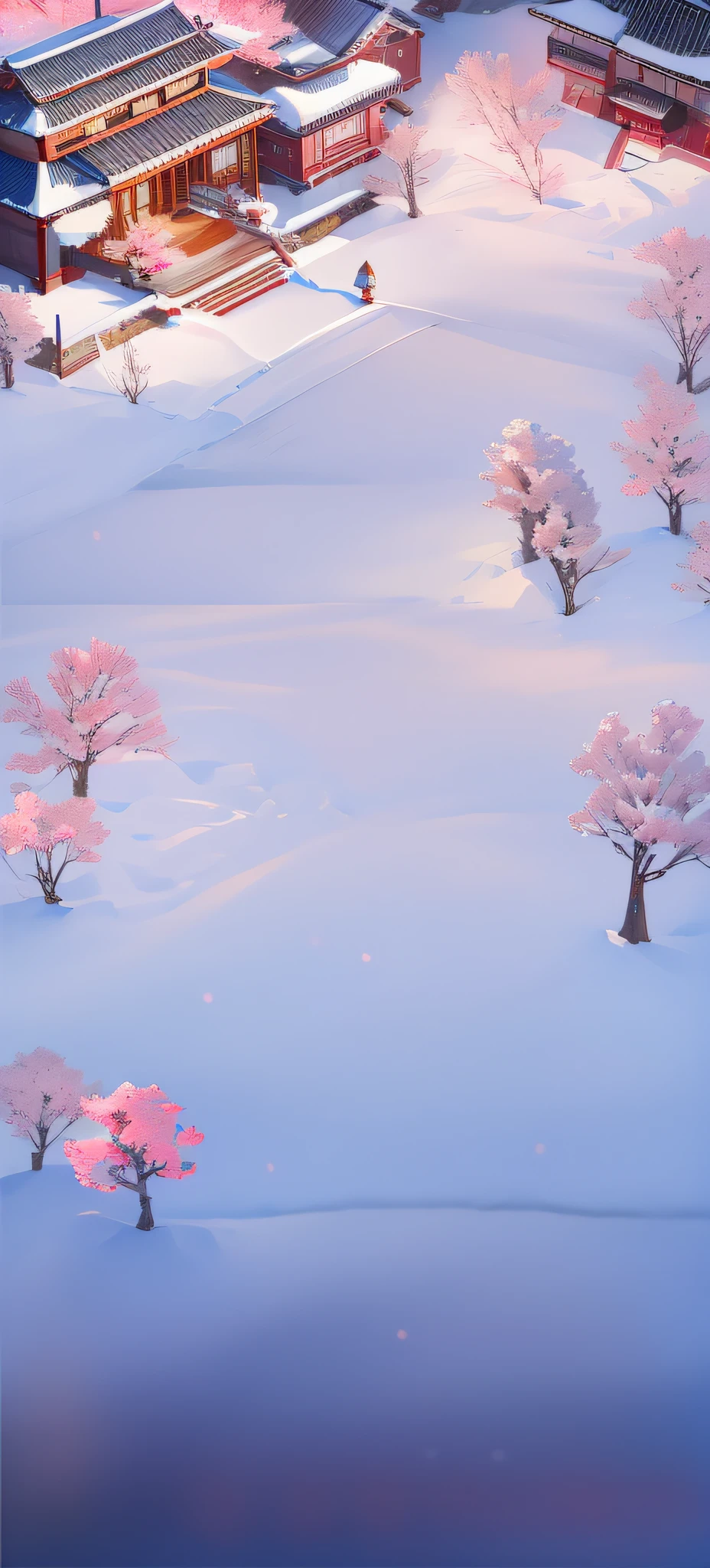 There is a photo of snow，There are buildings and trees, Cherry Blossom Season Dynamic Lighting, cherry blossom forest, cherry tree, cherry tree, Falling cherry blossom pedal, Snowy environment, Arte conceitual de inverno, snow landscape background, icy tundra background, Ultra-detailed scenes, Falling cherry blossom pedal, highly detailed scenario, Ski slopes, Snowy background, pink trees