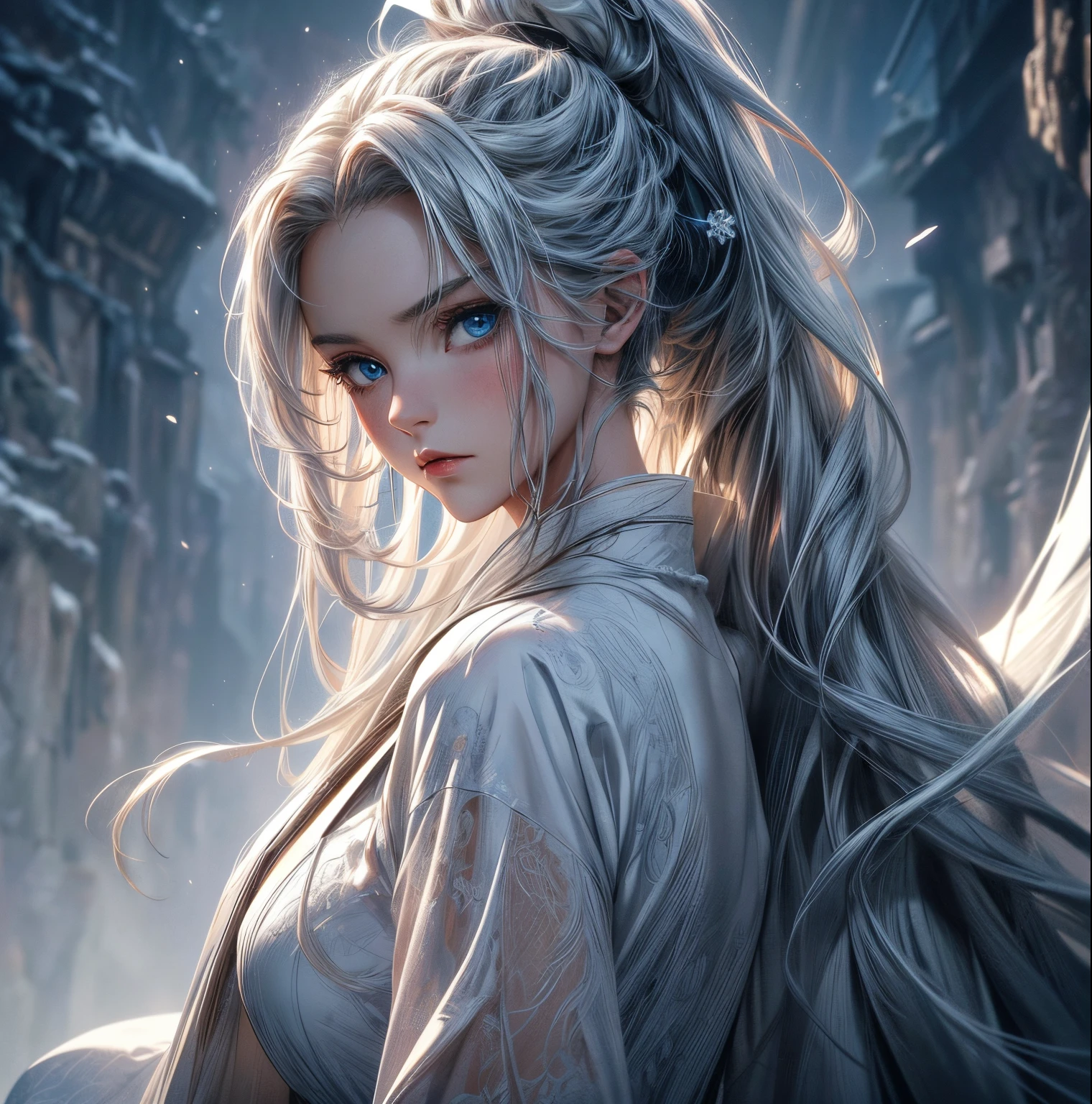 (best quality,highres,ultra-detailed),portrait,19-year-old girl with long white hair in a ponytail, fair skin as pure as snow, expressionless gaze, crystal-like blue eyes, wearing a white dress and a black robe, standing on a cliff, half-body shot, background with blue lighting.