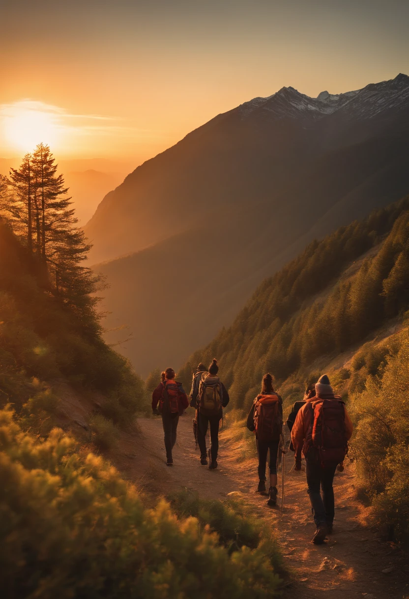 A photo of the character and a group of friends hiking up a mountain trail, with a joint in hand and a beautiful sunrise in the background.,original,long hair, scruffy dressed, always has a bong in hand