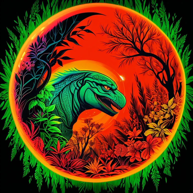 uma tatuagem de dinossauro (orange/ciano), fundo escuro (preto/floresta), arte fantasia, arte em vetor/neon, fluorescente, detalhes perfeitos, arte perfeita, 8k, SDLX