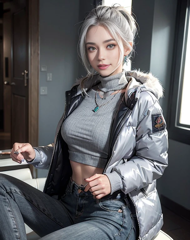 Masterpiece, 8K, photorealistic, ultra realistic, (1girl, solo),
_
the most beautiful, European ig model, 24 years old, 170 cm, (((large breasts:1.2))), ((slender waist, toned thighs, toned arms):1.3)), ((small head, small face, small mouth:1.3)), diamond Face, small nose, Sharp Faceline,
_
BREAK ((big eyes, Double eyelid, tareme, droopy eyes):1.3), ((smile, small lips, teeth:1.3)), (mole under eye:1.2), (Perl White teeth), ((gray hair)), (short hair, ponytail), asymmetrical hair, (Aqua eyes:1.4), light makeup, thin eyebrow, shiny skin, detailed skin, detailed face, (detailed face skin), perfect eyes, (detailed eyes:1.3), shiny hair, ultra-detailed fingers,
_
BREAK (sitting chair:1.4), (under body, dynamic angle, wide shot):1.4), from below, look at viewer, Focus foot,
_
BREAK (black theme and White), in the night, Inorganic, Inorganic concrete studio with window, small window, gray concrete block, highly, blur, blur background, front lightning, Cinematic lighting,
_
BREAK ((Gray fur down jacket elegant adorned, The down jacket features a hood :1.2)), (underneath turtleneck knit exudes feminine grace), BREAK ((Paired with high-waisted denim pants)), ((this ensemble highlights and complements the figure, achieving a harmonious blend of warmth and refined fashion):1.3), ((silver earring, silver bracelet, silver necklace):1.2), raw photo,
