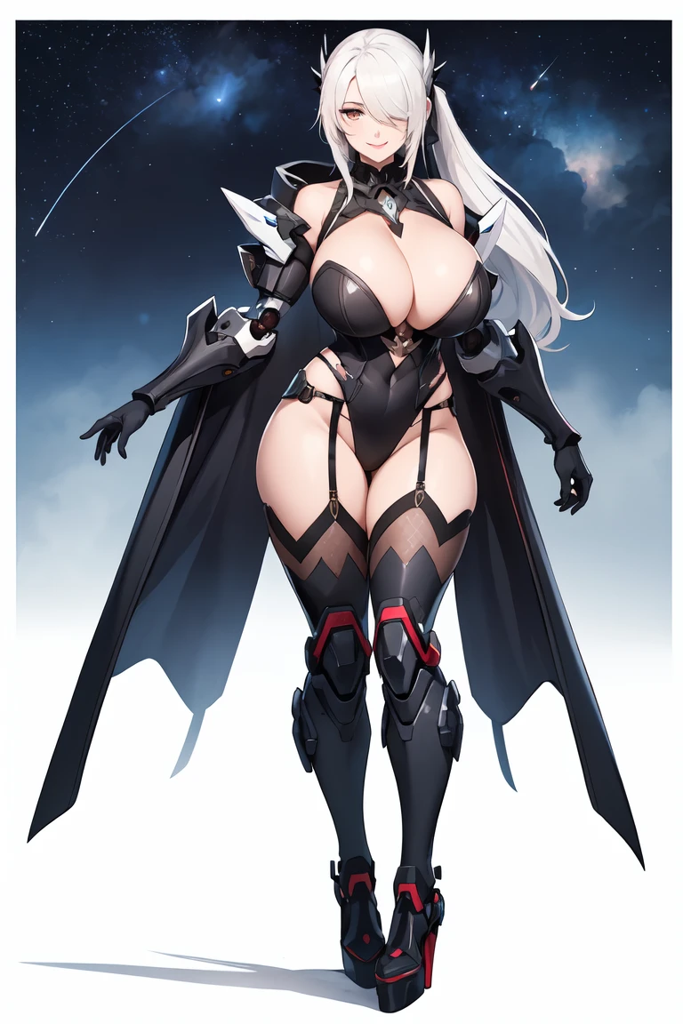 Highest image quality,high high quality,A mature woman,age 22,Huge cleavage,Nipple presentation,Metal heels,Black metal mech,Long white hair,hair covering one eye,ssmile,high ponytails,in the stars,obscene exposure