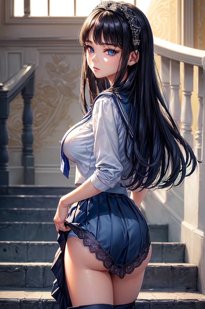 masterpiece, 1 beautiful girls, detaileds, top-quality, 超A high resolution, (Realistis: 1.4), Asian Beauty, very extremely beautiful, Slightly younger face, Beautiful skins, slender, (A hyper-realistic), (hight resolution), (8K), (ighly detailed), (The best illustrations), (beautifully detailed eyes), (ultra-detailliert), (wall-paper), (详细的脸), fine detailed, A detailed face、pureerosfaceace_v1、46-point diagonal bangs、(beautidful eyes:1.5)(Photorealsitic:1.5)、 Super Detail, Textured skin, tre anatomically correct、masutepiece(ung girls), (facing back:1.5), Looking back, (extremely detailed beautiful face), (Best Quality:1.4), Beautiful blue eyes, (High School Uniform, pleatedskirt:1.3), (has extremely large breasts)Open Front High School Uniform:1.4), Black hair, depth of fields, School, crass room, (Sheer lace panties:1.5), (View from below:1.5),(Climb the stairs:1.5), (teats), pussy juice,