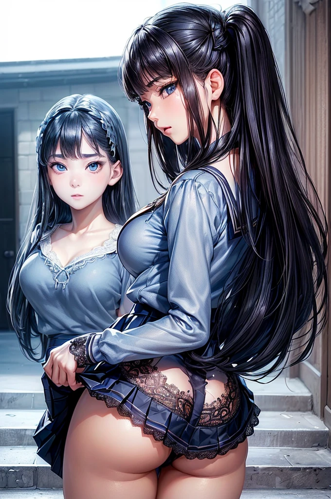 masterpiece, 1 beautiful girls, detaileds, top-quality, 超A high resolution, (Realistis: 1.4), Asian Beauty, very extremely beautiful, Slightly younger face, Beautiful skins, slender, (A hyper-realistic), (hight resolution), (8K), (ighly detailed), (The best illustrations), (beautifully detailed eyes), (ultra-detailliert), (wall-paper), (详细的脸), fine detailed, A detailed face、pureerosfaceace_v1、46-point diagonal bangs、(beautidful eyes:1.5)(Photorealsitic:1.5)、 Super Detail, Textured skin, tre anatomically correct、masutepiece(ung girls), (facing back:1.5), Looking back, (extremely detailed beautiful face), (Best Quality:1.4), Beautiful blue eyes, (High School Uniform, pleatedskirt:1.3), (has extremely large breasts)Open Front High School Uniform:1.4), Black hair, depth of fields, School, crass room, (Sheer lace panties:1.5), (View from below:1.5),(Climb the stairs:1.5), (teats), pussy juice,