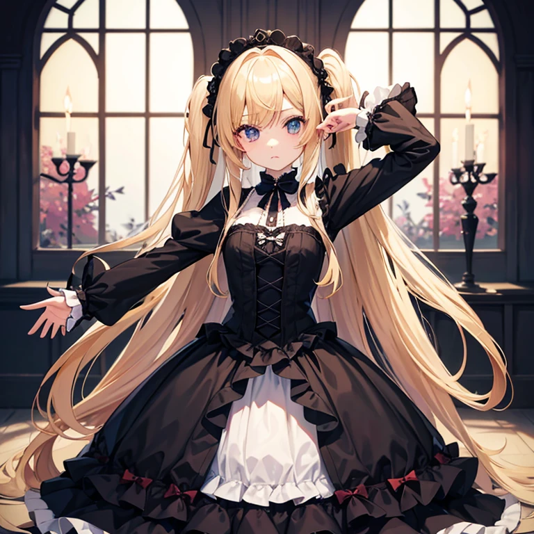 Gothic lolita、girl with、ribon、a blond、The long-haired、kawaii、face perfect、Full body standing、Turn your whole body diagonally to the right