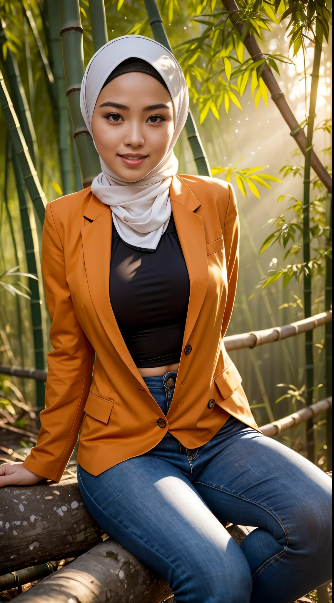 RAW, Best quality, high resolution, masterpiece: 1.3), Beautiful Malay woman in hijab (iu:0.8),looking at viewert,overexposed breast, On a sunny autumn afternoon,Picture 1 is from the highest quality 8K,breasts big, thick thighs, He is wearing an orange blazer and skinny jeans,Sits quietly in the bamboo forest。Sunlight shines through the spots of bamboo leaves,A layer of soft light and shadow covers his body。His skin looks brighter in the sun,Contrasts with the blazer orange。From now on from the view, we can see the girl from all over the body。She is slim and healthy,This sportswear fits her body shape very well, showing her energetic image。Her legs are naturally wide,Cross her hands on her waist,appear confident and strong。 The girl's eyes are bright and full of determination, smiling and looking at the camera, Seems to tell a story of struggle and hard work.。Her smile is like the autumn sunlight shining on the bamboo forest, Makes people feel the vitality of youth and the vitality of life。in this picture, We seem to feel his inner determination and love for life。 Surrounded by dense bamboo forests, Abundant greenery, gurgling river, Create a dynamic scene。 This scene is like a passionate poem, Telling about the beautiful time in the autumn afternoon。