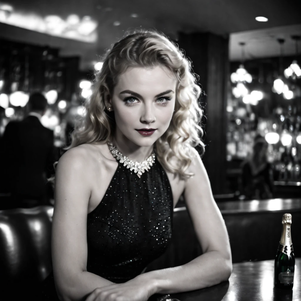 (nklnor), dark shot, front shot, cinematic, ((half body ))photo of a 25 y.o european blonde woman wearing elegant ((luxury sparkling black dress: 1.8)) with ((silver jewels: 1.6)), flawless angelic face, ((sitting in a bar with drinks)), perfect eyes, looks at viewer, flirting with the viewer, ((soft light beam on her eyes: 1.2)), natural skin, (skin pores:0.6) (skin moles), ((endless long extra long blonde curly hair: 1.32))), (photographed in film noir style), black and white filter, ((monochrome tones)), heavy shadows, contrast lighting, best smile,point of view variations, dynamic composition, cinematic shot, cinematic lighting,heavy shadows, soft backlight on hair, Nuclear Film Noir 40s movies film still, film grains,foggy atmosphere, bokeh