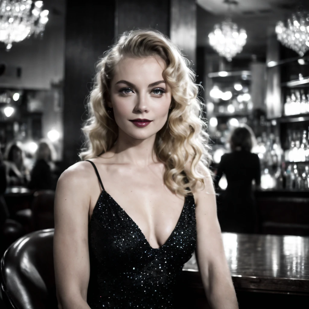 (nklnor), dark shot, front shot, cinematic, ((half body ))photo of a 25 y.o european blonde woman wearing elegant ((luxury sparkling black dress: 1.8)) with ((silver jewels: 1.6)), flawless angelic face, ((sitting in a bar with drinks)), perfect eyes, looks at viewer, flirting with the viewer, ((soft light beam on her eyes: 1.2)), natural skin, (skin pores:0.6) (skin moles), ((endless long extra long blonde curly hair: 1.32))), (photographed in film noir style), black and white filter, ((monochrome tones)), heavy shadows, contrast lighting, best smile,point of view variations, dynamic composition, cinematic shot, cinematic lighting,heavy shadows, soft backlight on hair, Nuclear Film Noir 40s movies film still, film grains,foggy atmosphere, bokeh