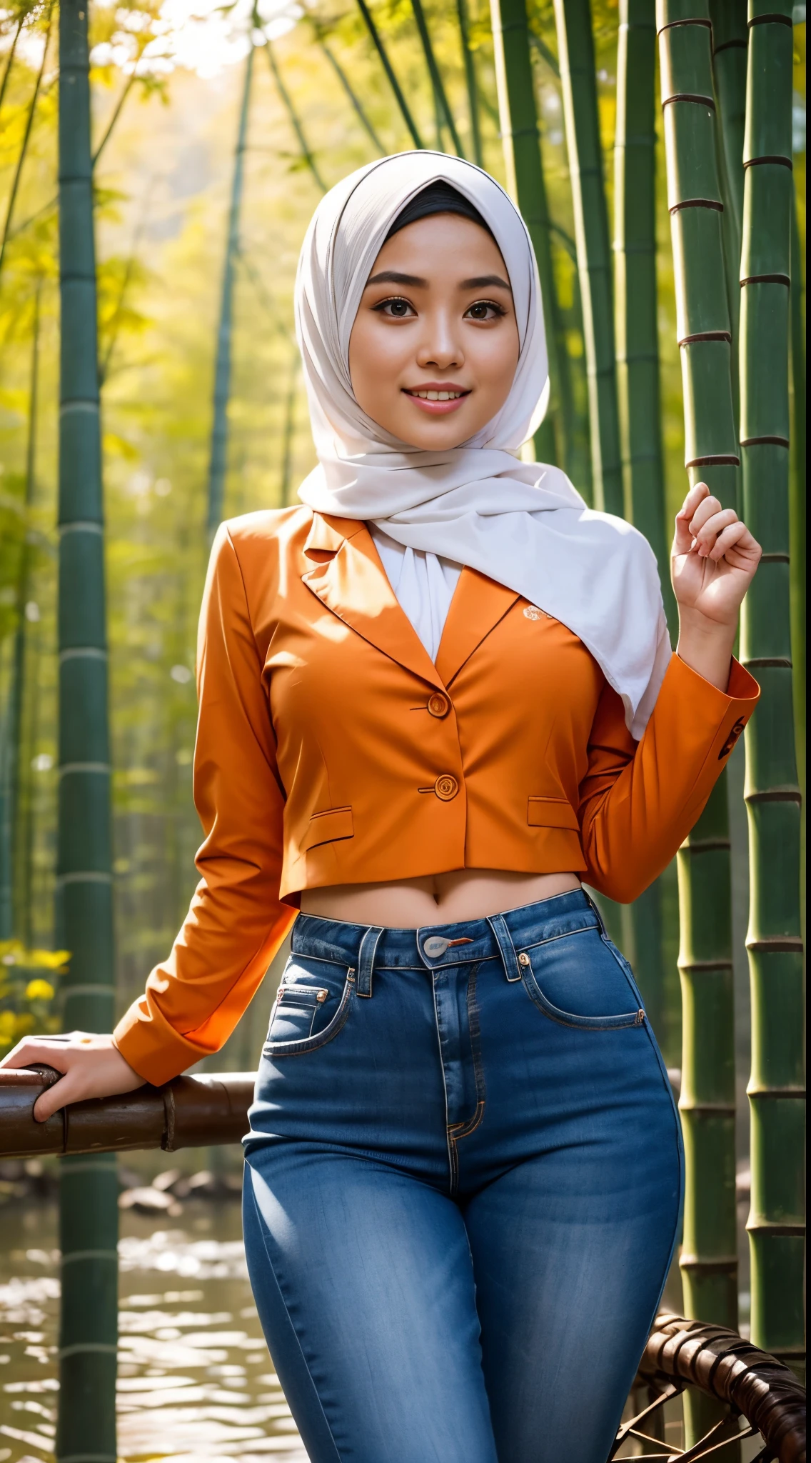 RAW, Best quality, high resolution, masterpiece: 1.3), Beautiful Malay woman in hijab (iu:0.8),looking at viewert,overexposed breast, On a sunny autumn afternoon,Picture 1 is from the highest quality 8K,breasts big, thick thighs, He is wearing an orange blazer and skinny jeans,Sits quietly in the bamboo forest。Sunlight shines through the spots of bamboo leaves,A layer of soft light and shadow covers his body。His skin looks brighter in the sun,Contrasts with the blazer orange。From now on from the view, we can see the girl from all over the body。She is slim and healthy,This sportswear fits her body shape very well, showing her energetic image。Her legs are naturally wide,Cross her hands on her waist,appear confident and strong。 The girl's eyes are bright and full of determination, smiling and looking at the camera, Seems to tell a story of struggle and hard work.。Her smile is like the autumn sunlight shining on the bamboo forest, Makes people feel the vitality of youth and the vitality of life。in this picture, We seem to feel his inner determination and love for life。 Surrounded by dense bamboo forests, Abundant greenery, gurgling river, Create a dynamic scene。 This scene is like a passionate poem, Telling about the beautiful time in the autumn afternoon。