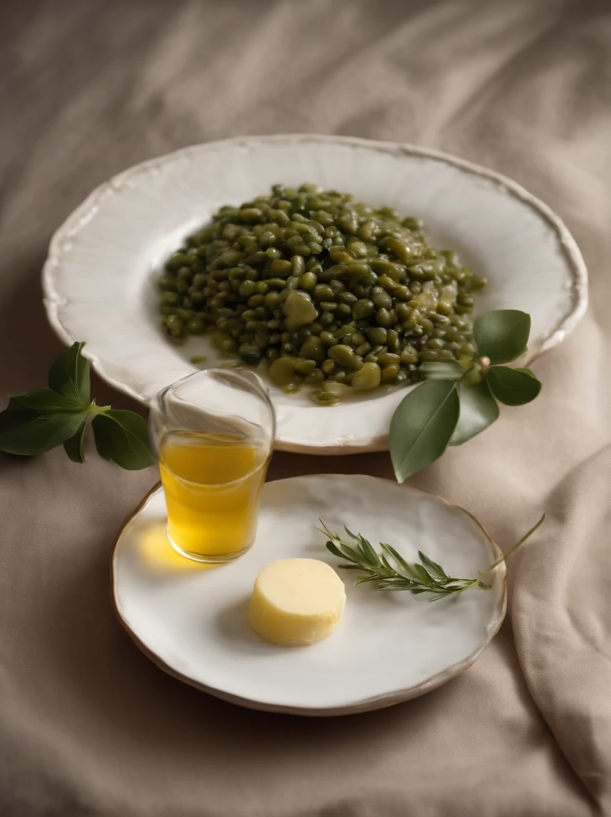 There was a small plate of butter on the table, A bottle of olive oil, fork,Garnish with a little green leaves,high quality food photography, styled food photography, food styling, professional food photography, close up food photography, Food photography, Ingredients on the table, food commercial 4 k,Dark still life photography,