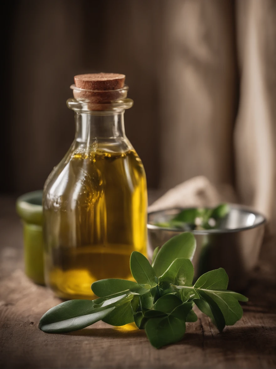 There was a small plate of butter on the table, A bottle of olive oil， fork，Garnish with a little green leaves，high quality food photography, styled food photography, food styling, professional food photography, close up food photography, Food photography, Ingredients on the table, food commercial 4 k，Dark still life photography，