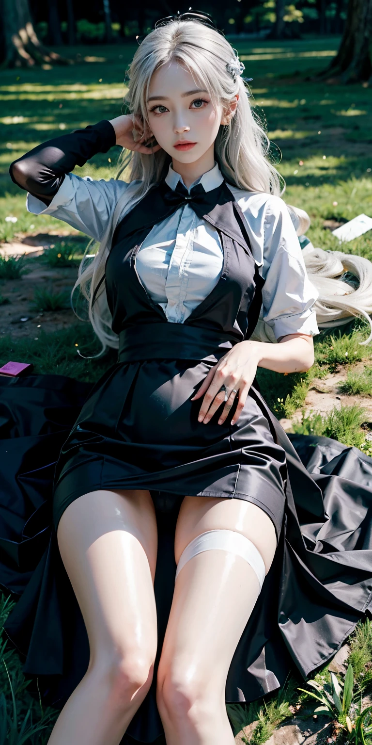 realisticlying, A high resolution, softlighting,1 woman, Alone, hip-up, view the viewer, (详细的脸), long whitr hair, lying on the grass ground, Look from the bottom up, show panties, View panties, secretary_校服, Black dress, lacepantyhose, Tattooed with, jewely