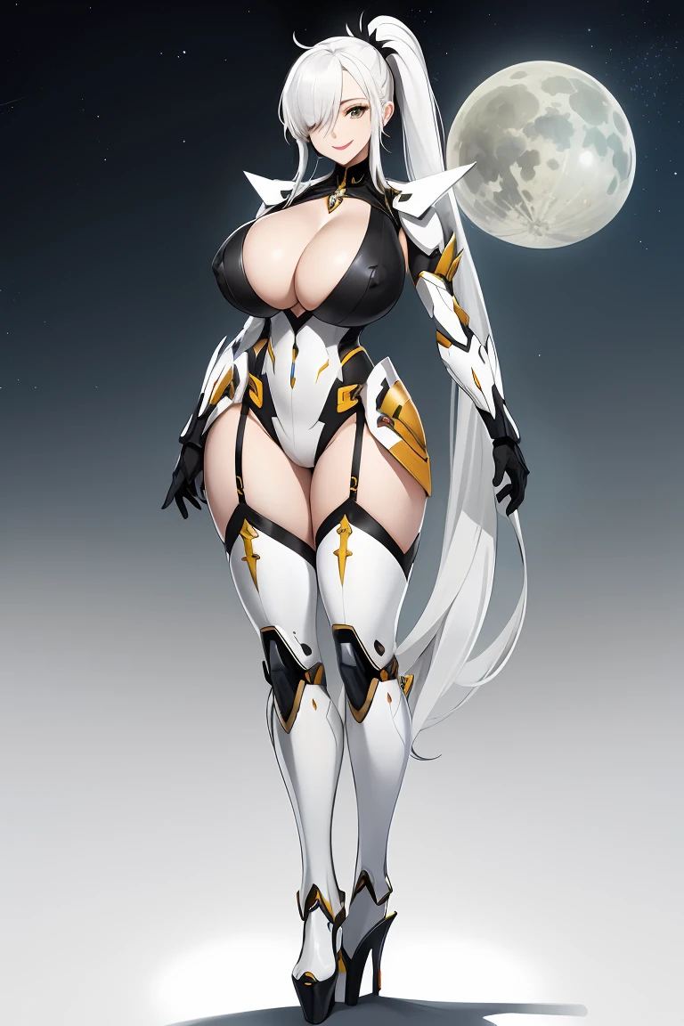 Highest image quality,high high quality,A mature woman,age 22,Huge cleavage,Nipple presentation,Raised nipples,Yellow and white metal high heels,White and black metal mecha,Long white hair,hair covering one eye,ssmile,high ponytails,in the stars,obscene exposure