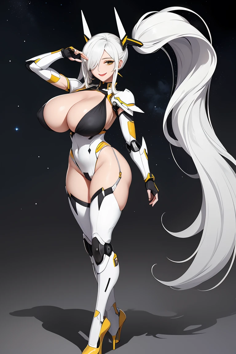 Highest image quality,high high quality,A mature woman,age 22,Huge cleavage,Nipple presentation,Raised nipples,Yellow and white metal high heels,White and black metal mecha,Long white hair,hair covering one eye,ssmile,high ponytails,in the stars,obscene exposure