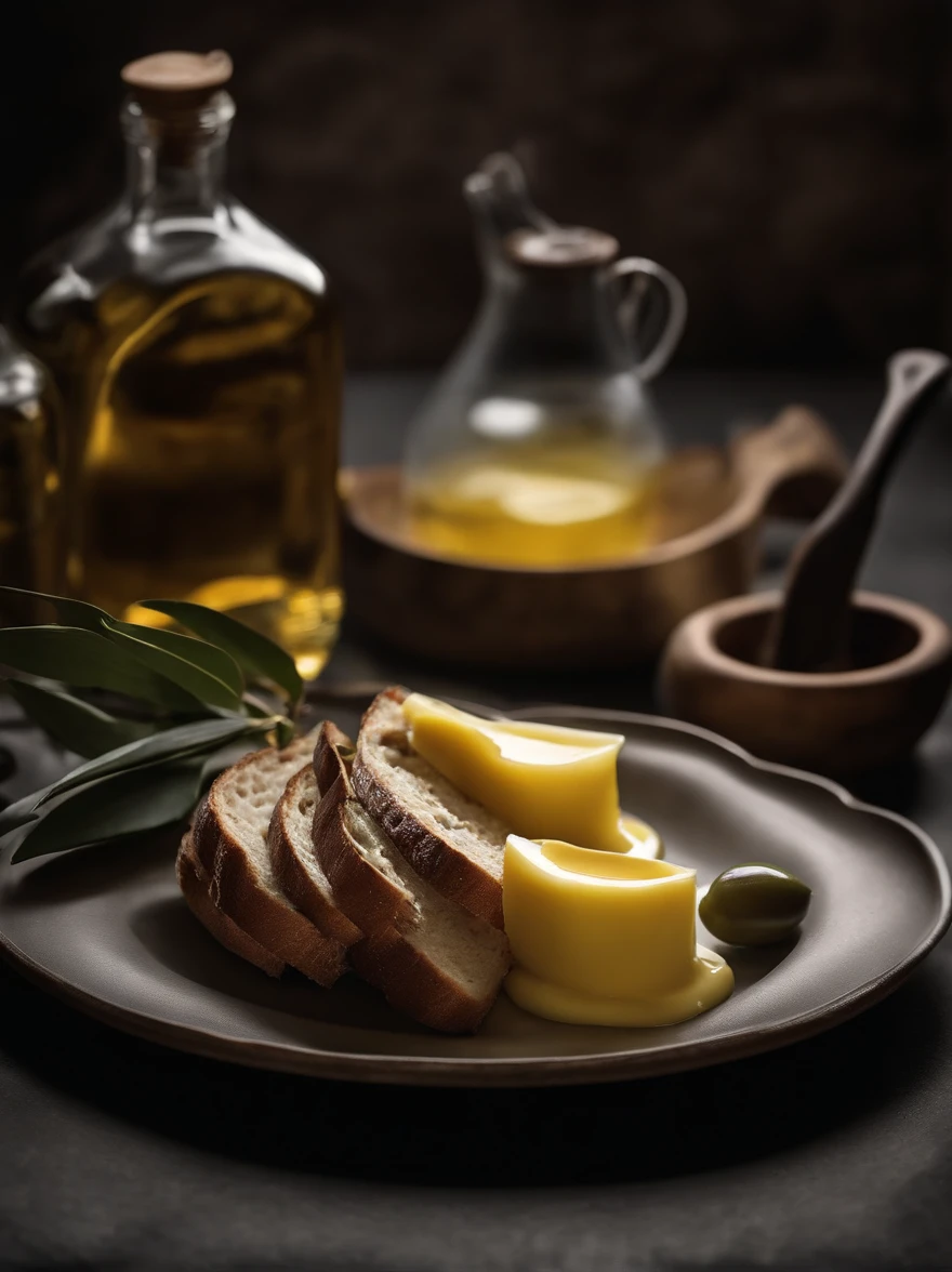 There was a small plate of butter on the table,A couple of loaves of bread, A bottle of oil, fork,Garnish with a little green olive leaves,high quality food photography, styled food photography, food styling, professional food photography, close up food photography, Food photography, Ingredients on the table, food commercial 4 k,Dark still life photography,