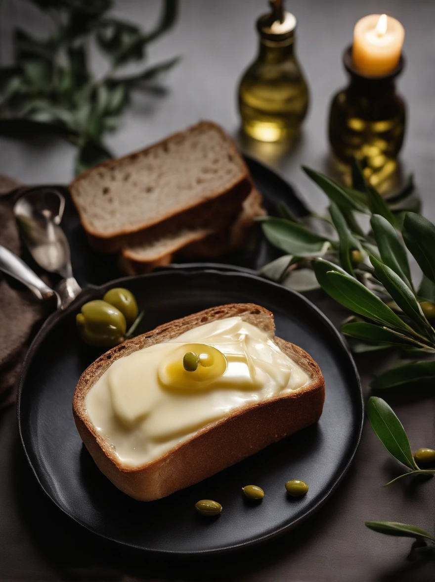 There was a small plate of butter on the table，A couple of loaves of bread, A bottle of oil， fork，Garnish with a little green olive leaves，high quality food photography, styled food photography, food styling, professional food photography, close up food photography, Food photography, Ingredients on the table, food commercial 4 k，Dark still life photography，