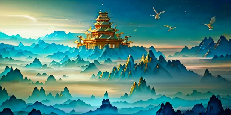 an image of an asian landscape with mountains and birds in the air, in the style of fantastical otherworldly visions, light cyan and gold, intricately mapped worlds, hyperrealistic illustrations, romanticized cityscapes, detailed character illustrations, organic shapes and curved lines, --v6