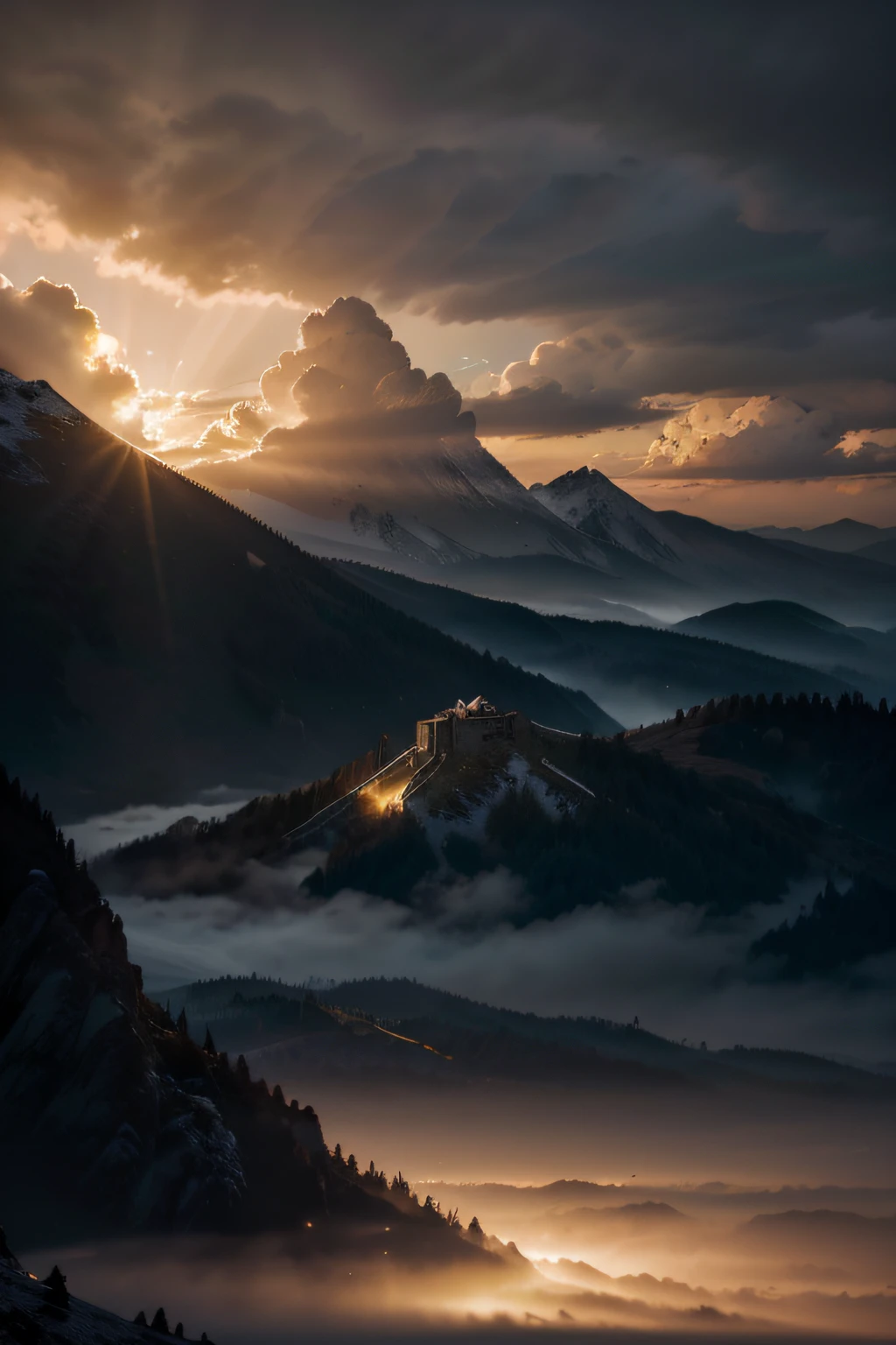A large area of sky sunset extending inward to the bottom of the mountain,Intense light through clouds spreads rays,A golden milky cloud covered the sky,A large area of flat lawn that extends horizontally,Large village lawn at the bottom of the mountain,Towering mountains,Large-scale and large-area sky subject framing,Eagle view,Light,Very obvious details,living room,concept render,Octane render,brutalist,Mammatus cloud, illuminated,Highly dynamic lighting and shadow rendering,super detailing,Light effect,hyper HD,32K ultra-detail