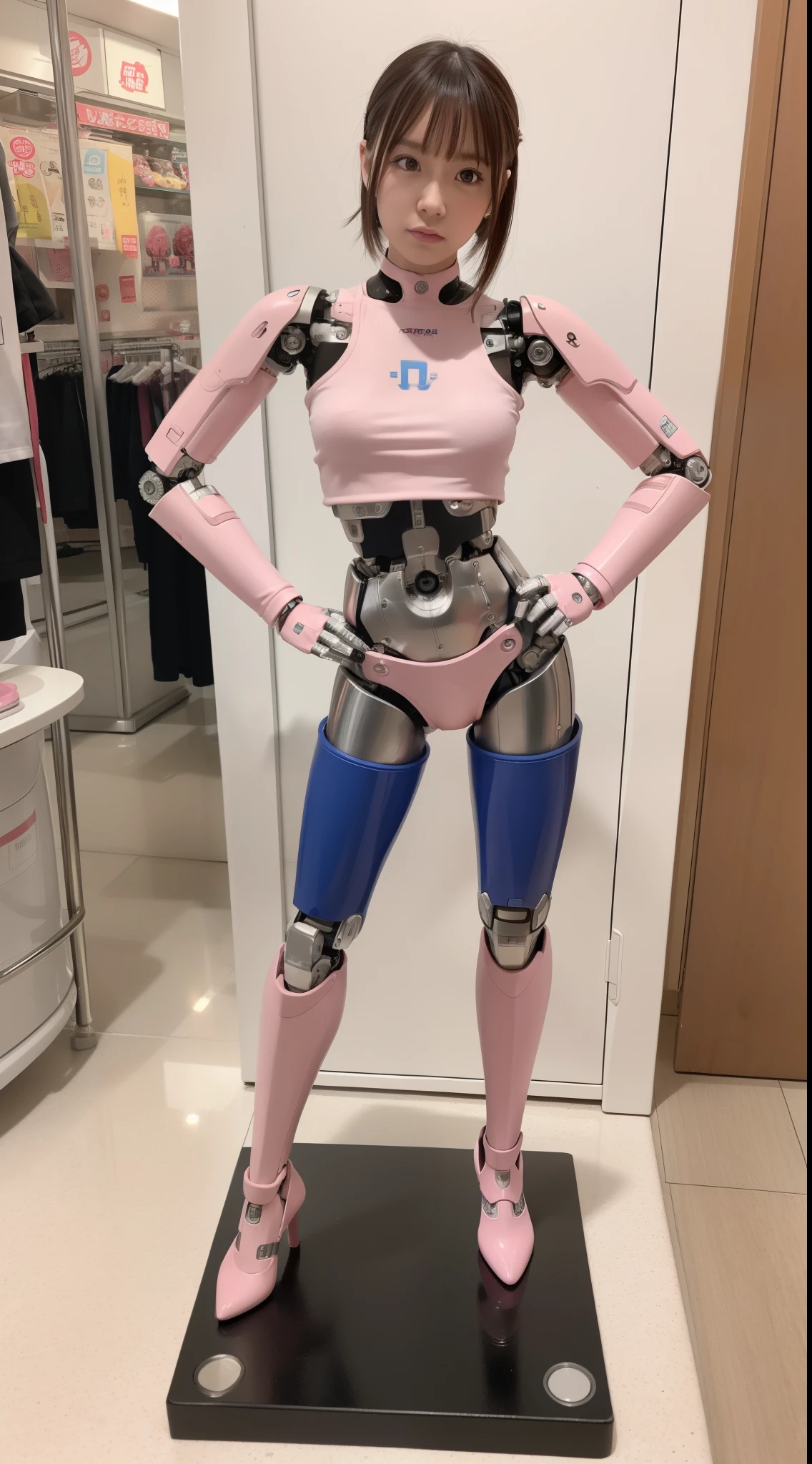 cyborg, pink there, Silver, Metallic body, Robot Parts, Metal Parts, Super Detailed Face, Super well-formed face, of the highest quality, a small face, a small head, full body, Brown hair, Slender body, Camera gaze, Internal Mechanical Exposure, Idol, Well-proportioned body, gravure, Photo session, Akihabara, Moe Pose, Standing with legs open, Hands on hips, Model body type, sad, Embarrassing,(Perfect Robot Girl),(Perfect machine body)