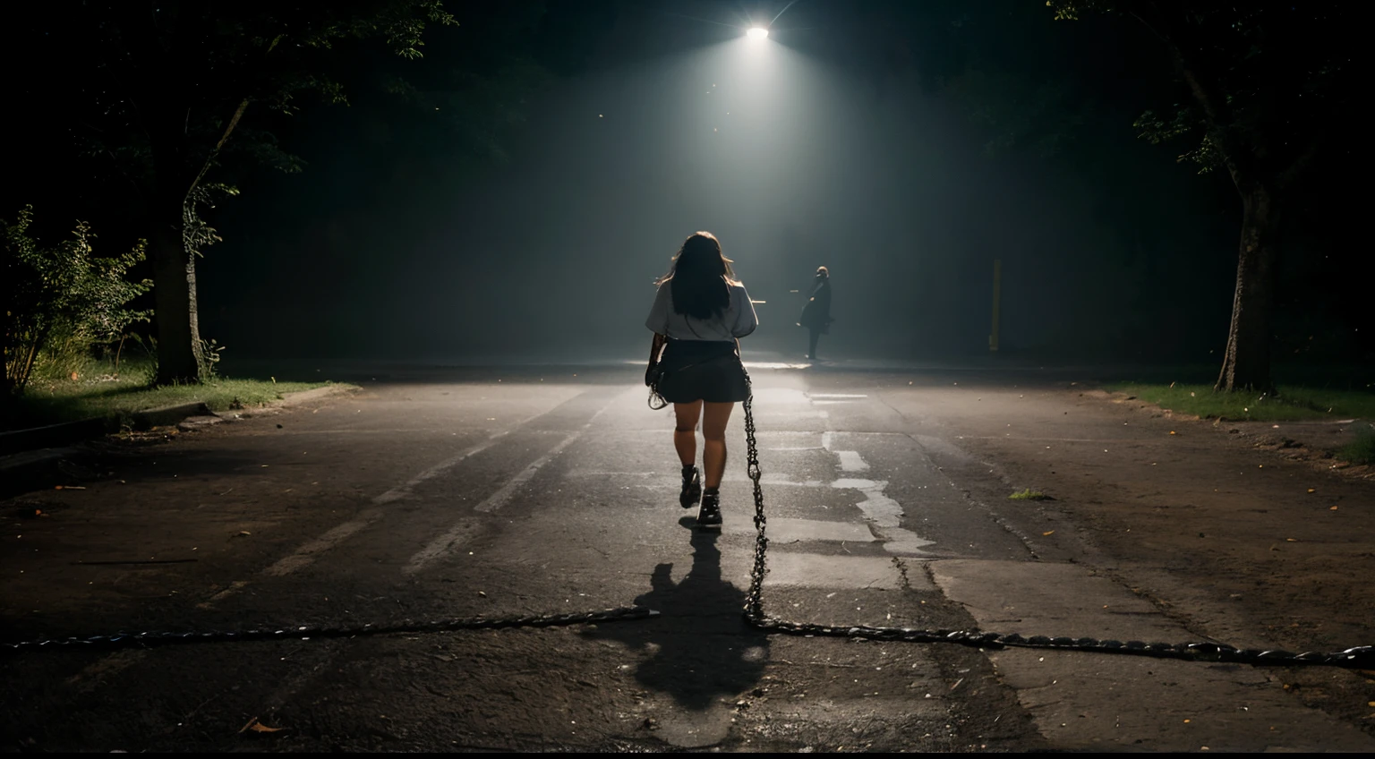 Draw a realistic scene that highlights a thick chain on the ground. The chain stretches across the floor. The surrounding environment is illuminated amidst nature