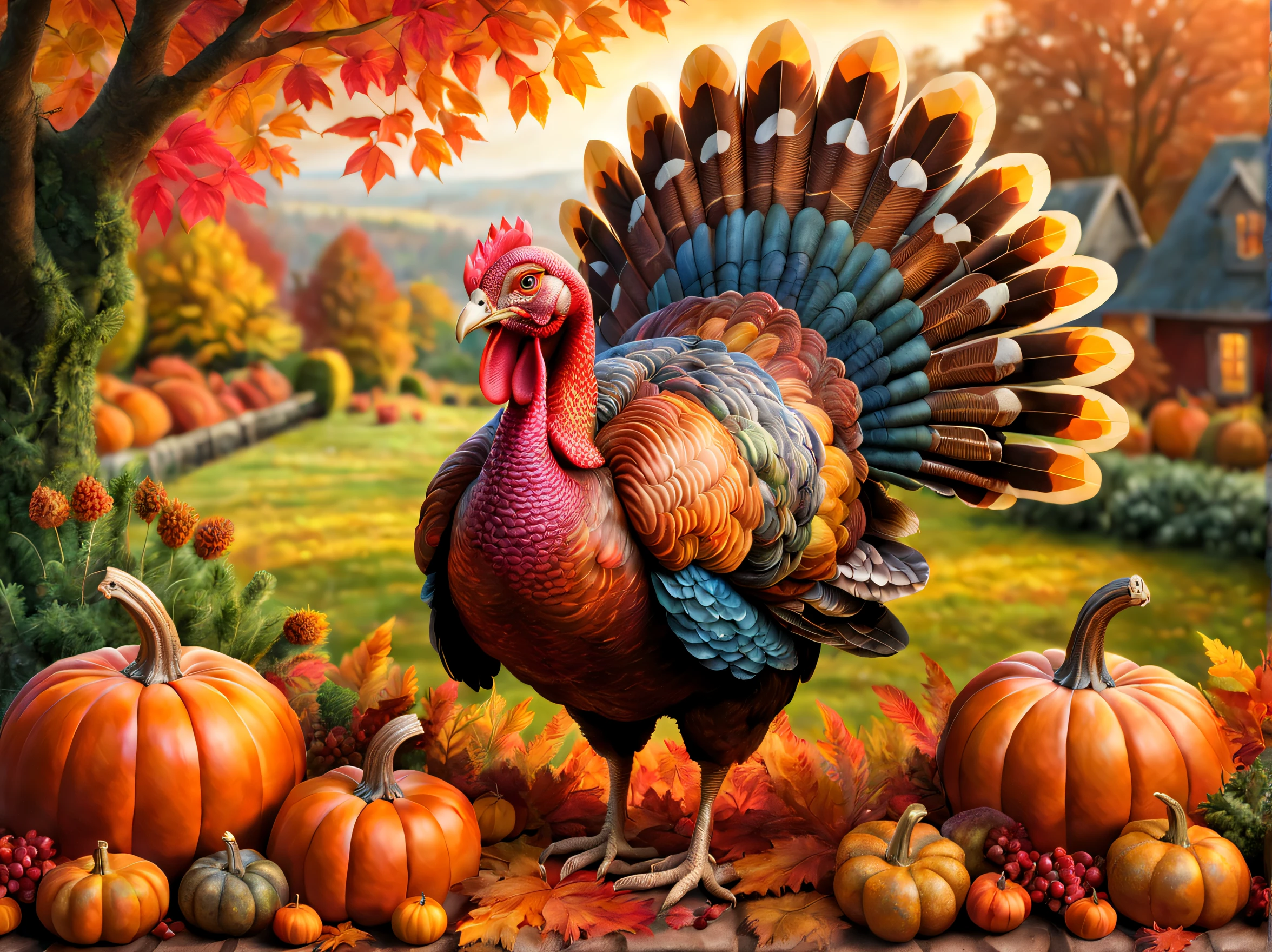 A detailed, beautiful illustration of a Thanksgiving turkey in a picturesque autumn garden with vibrant, warm colors and soft, diffused lighting. The turkey is the centerpiece, and it is exquisitely rendered with intricate feather details, capturing its magnificent plumage and iridescent hues. The eyes of the turkey are mesmerizing and captivating, with a deep, soulful gaze. The beak and wattle are vibrant and colorful, adding to the overall aesthetic appeal. Surrounding the turkey, there is a lush garden filled with autumn foliage, showcasing the vibrant reds, oranges, and yellows of the season. The garden is adorned with pumpkins, gourds, and cornucopias, creating a festive atmosphere. In the background, there is a cozy farmhouse with smoke gently rising from the chimney, signifying a warm Thanksgiving gathering. The entire image has a realistic, photorealistic quality, with ultra-detailed rendering, capturing every intricate detail of the feathers, garden, and farmhouse. The colors are vivid and rich, evoking a sense of warmth and abundance. The lighting is soft and diffused, creating a warm and inviting ambiance. This artwork is reminiscent of classic illustrations found in vintage cookbooks, with a touch of contemporary flair.
