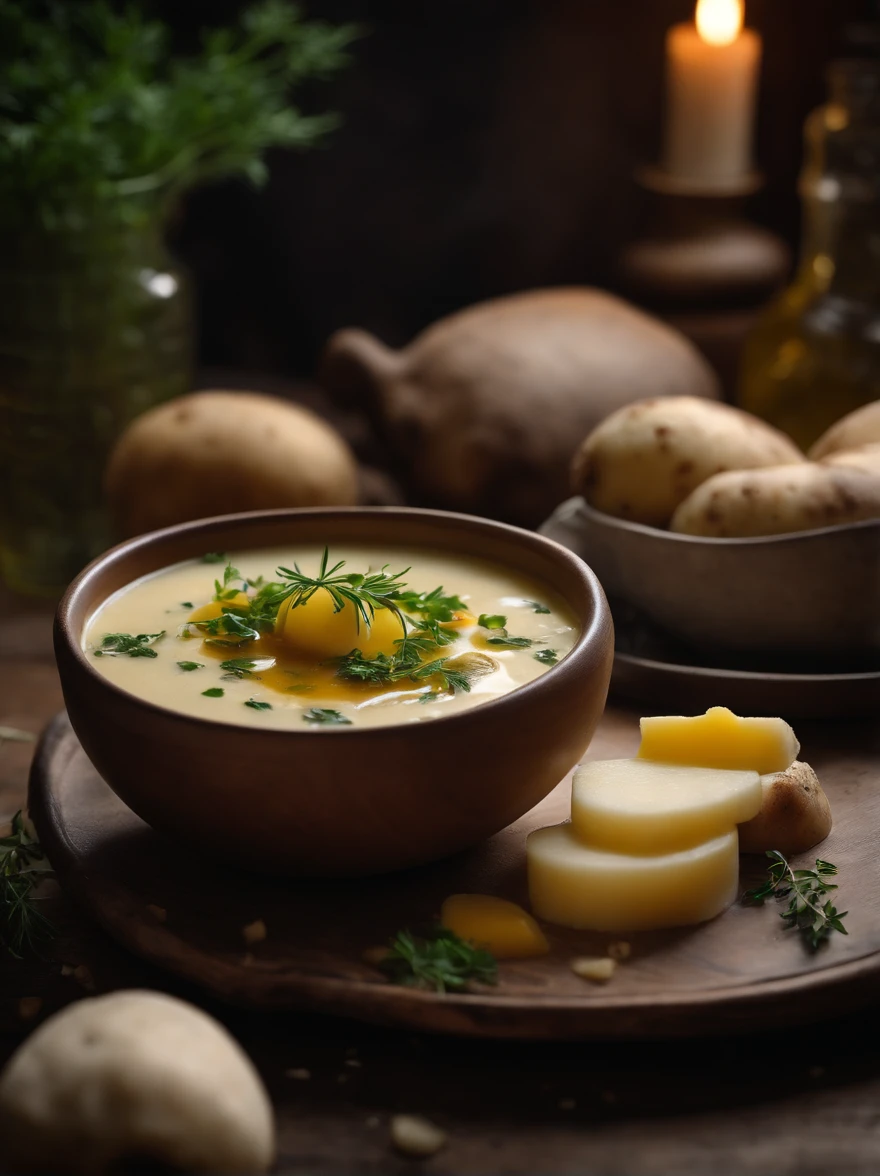 A visually pleasing composition of a rustic potato soup in a ceramic bowl, with chunks of potato, herbs, and a drizzle of olive oil on top, creating a visually comforting and nourishing scene.