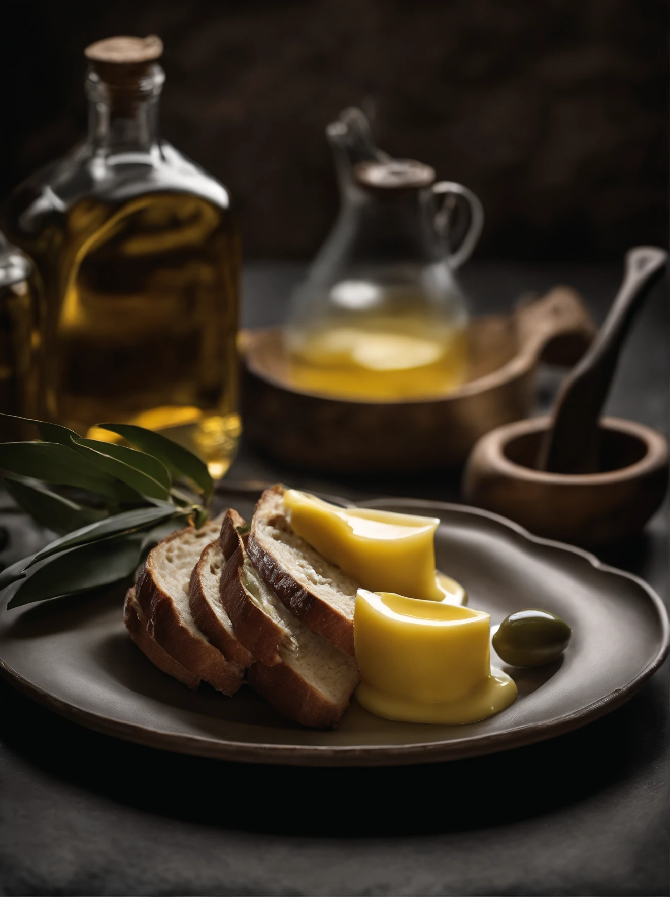 There was a small plate of butter on the table，A couple of loaves of bread, A bottle of oil， fork，Garnish with a little green olive leaves，high quality food photography, styled food photography, food styling, professional food photography, close up food photography, Food photography, Ingredients on the table, food commercial 4 k，Dark still life photography，