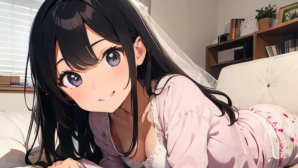 25 year old bride、With a very big smile、wearing pajamas、lazing around on the sofa、Plain but cute、cabelos preto e longos、The illustrations are in the style of romance manga and anime.♪