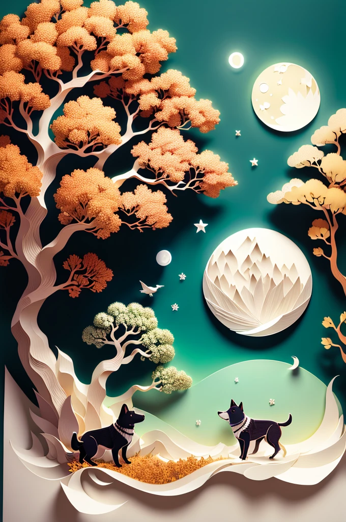 (((masterpiece))),bestquality,illustration,beautifuldetailedglow,
paper_cut, dog, tree,moon,